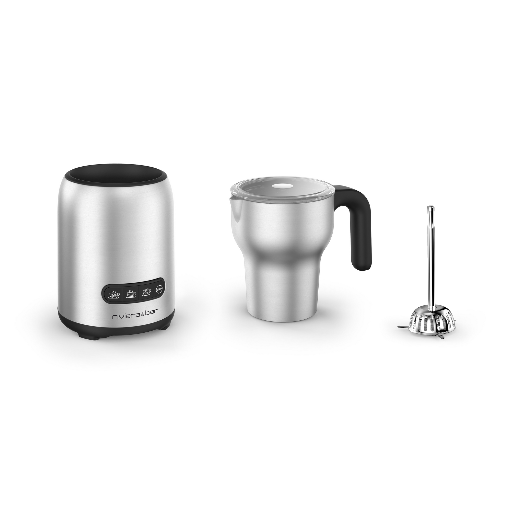 Le Chocolatière & Emulsionneur BCL 540 de riviera&bar est un ensemble électrique en acier inoxydable avec une base de contrôle, une cruche manipulée, et un fouet à mousser - idéal pour faire du chocolat chaud mousseux ou de l'émulsion chaude - le tout présenté sur un fond blanc.