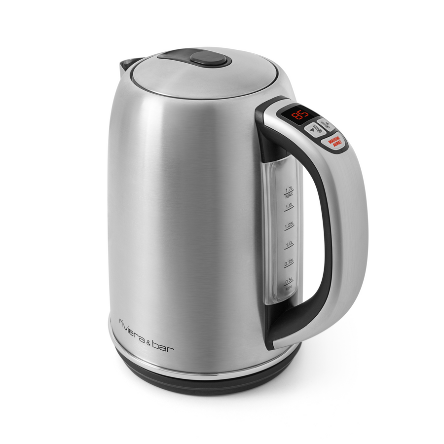 La bouilloire Serena 1,7 L de rb-EOL en inox offre un écran digital, des commandes sur la poignée, un indicateur d'eau transparent et le choix de température pour une utilisation précise.