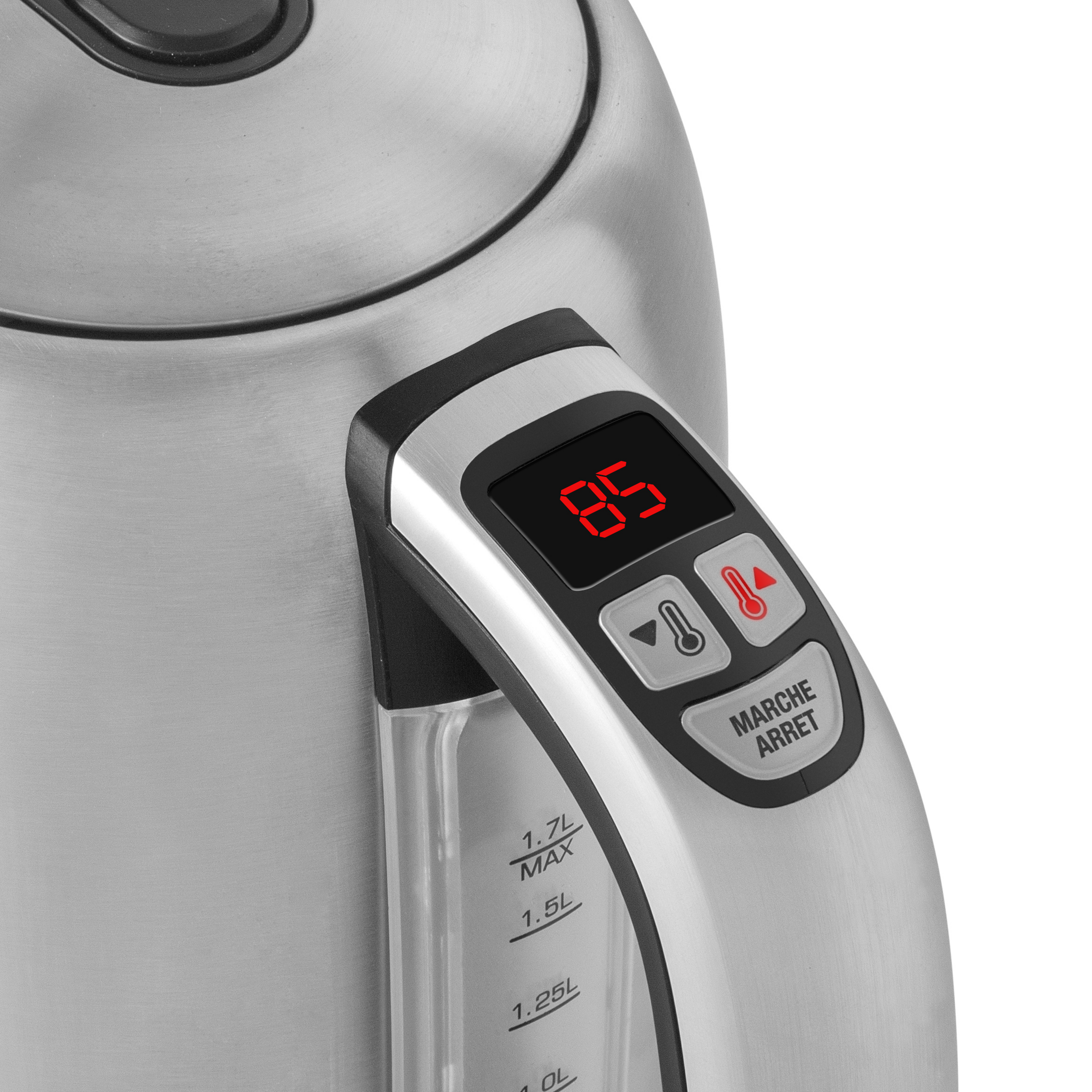 Le gros plan de la Bouilloire Serena Inox 1,7L rb-EOL montre un affichage numérique à 85°C, des commandes d'alimentation et de température, et une fenêtre latérale de niveau d'eau sur cette bouilloire à température réglable.