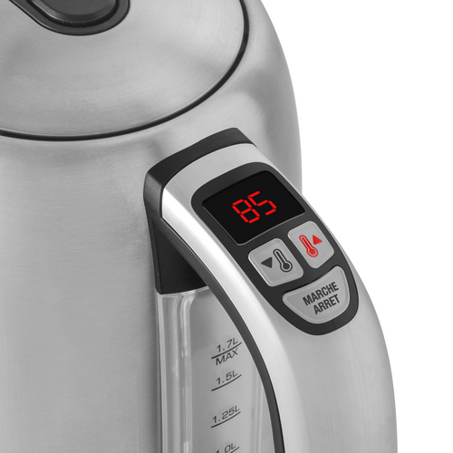 Le gros plan de la Bouilloire Serena Inox 1,7L rb-EOL montre un affichage numérique à 85°C, des commandes d'alimentation et de température, et une fenêtre latérale de niveau d'eau sur cette bouilloire à température réglable.