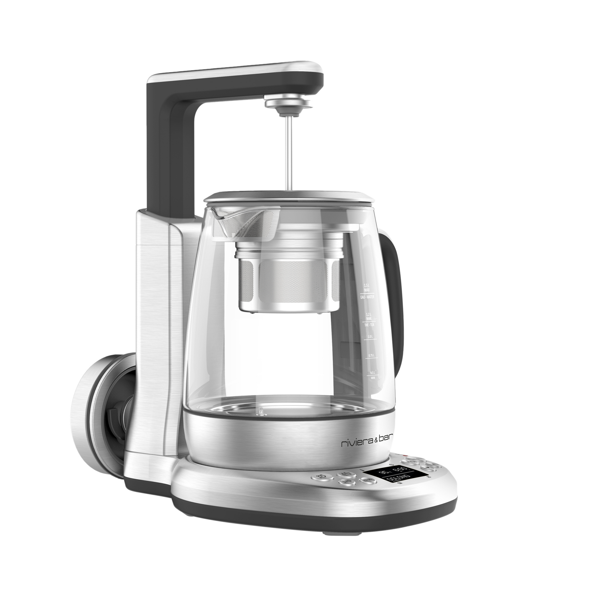 La Théière Cha Dao Expert de riviera&bar est une machine à thé électrique moderne et automatique avec une bouilloire en verre, une base en acier inoxydable, un écran digital, des boutons de contrôle et un infuseur Monte et Baisse suspendu à l'intérieur. La poignée a des accents noirs et argentés.