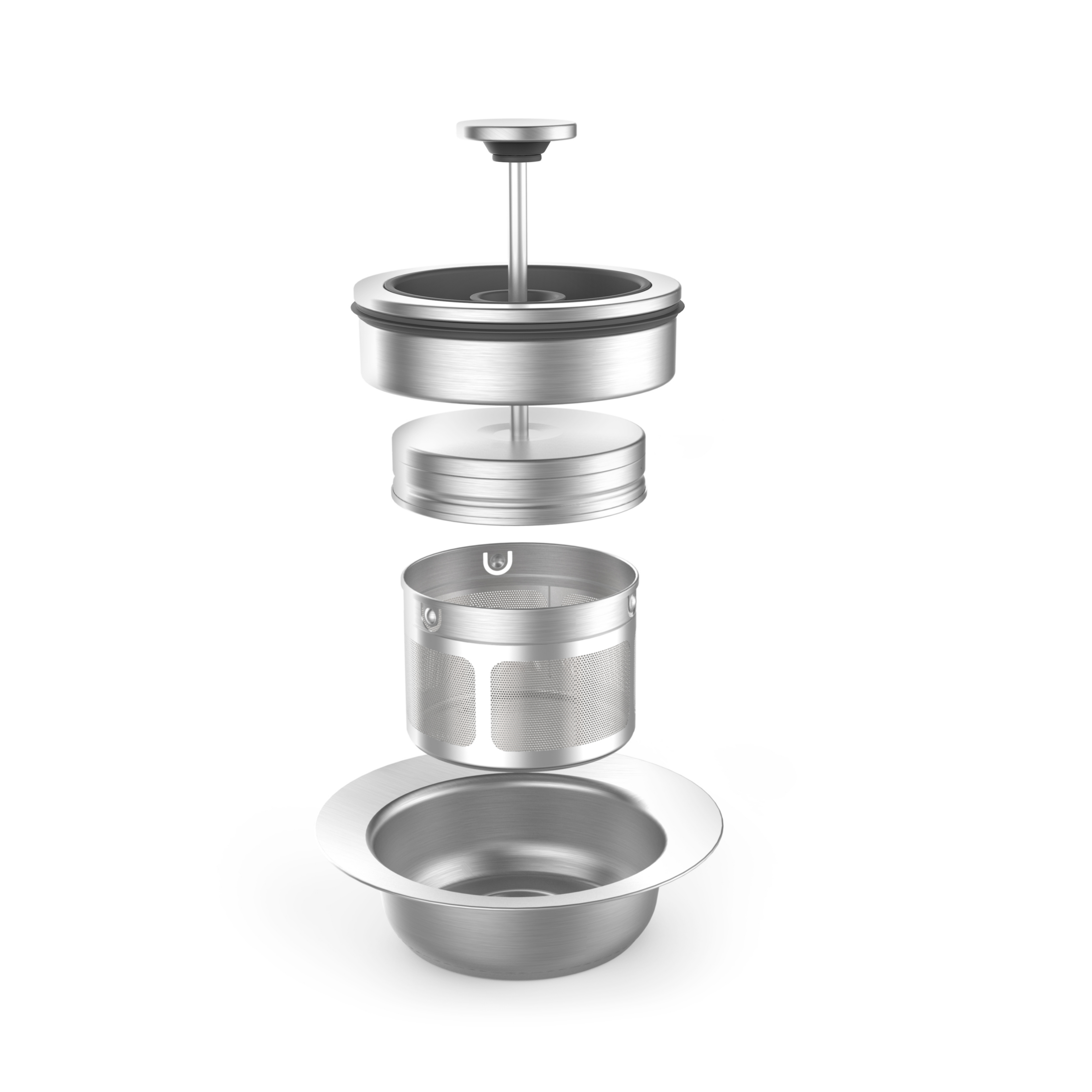 Une vue éclatée du riviera&bar Théière Cha Dao Expert | 1,2L montre son piston amovible, son filtre, son panier à mailles et sa carafe - idéal pour les amateurs de thé qui apprécient la précision de l'infusion automatisée.