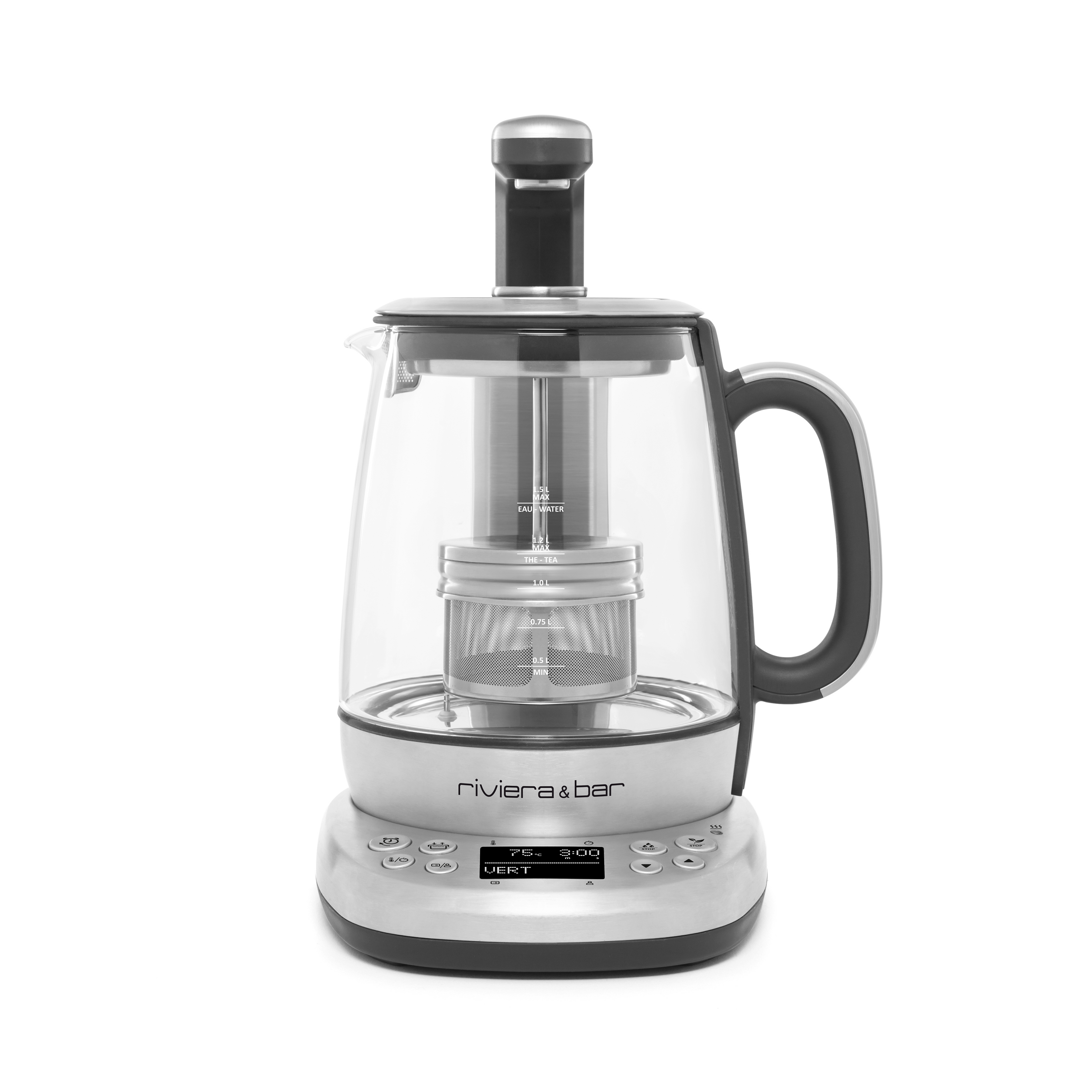 Le Théière Cha Dao Expert 1,2L de riviera&bar est doté d'une poignée et d'une base noires, d'un affichage numérique, de boutons de contrôle et d'une marque frontale - idéal pour l'infusion automatisée du thé sans effort.