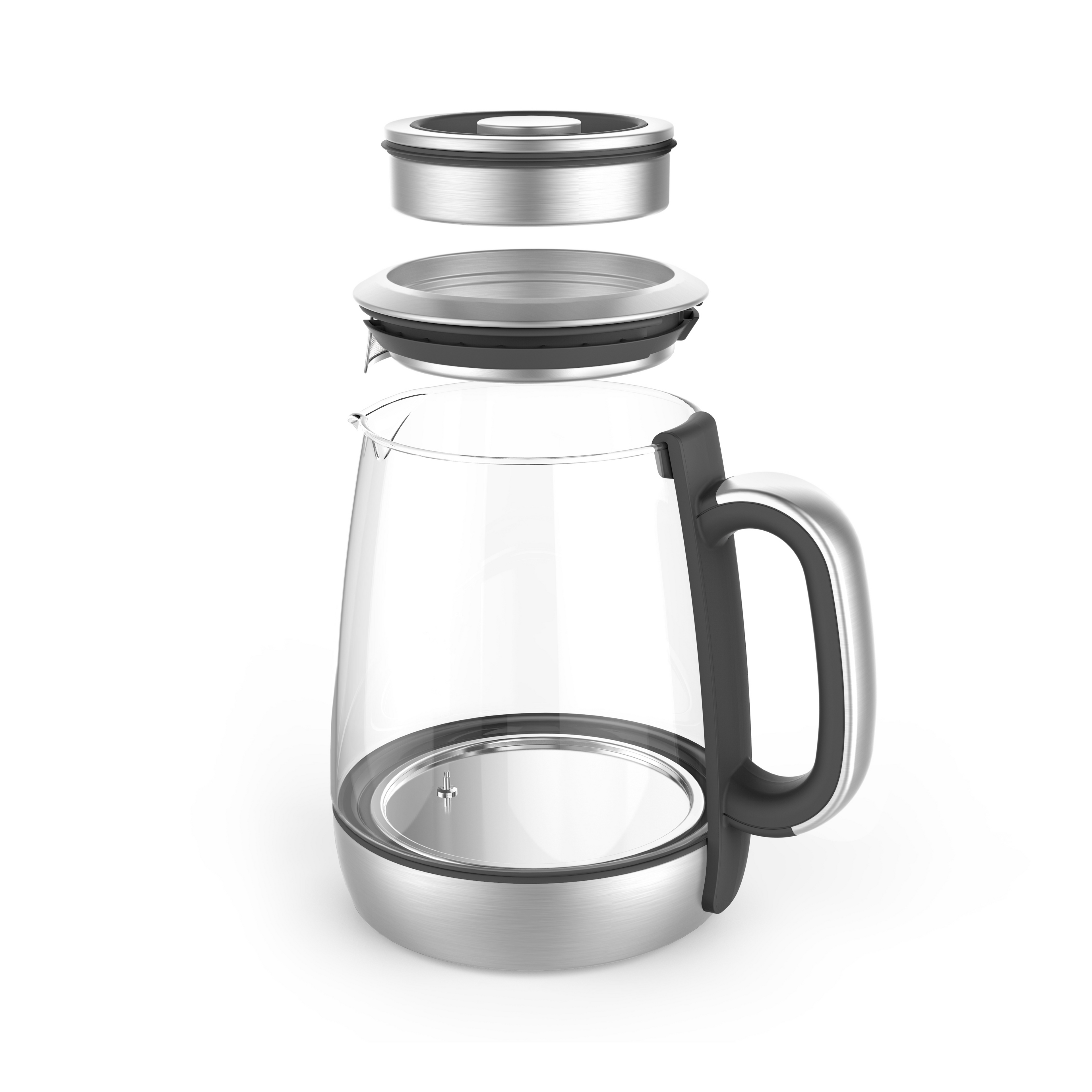 Le riviera&bar Théière auto Cha Dao Expert (1,2 L) est présenté avec son corps en verre transparent, sa base argentée, sa poignée noire, son couvercle en métal séparé, son filtre intérieur et son panier à thé flottant sur un fond blanc.