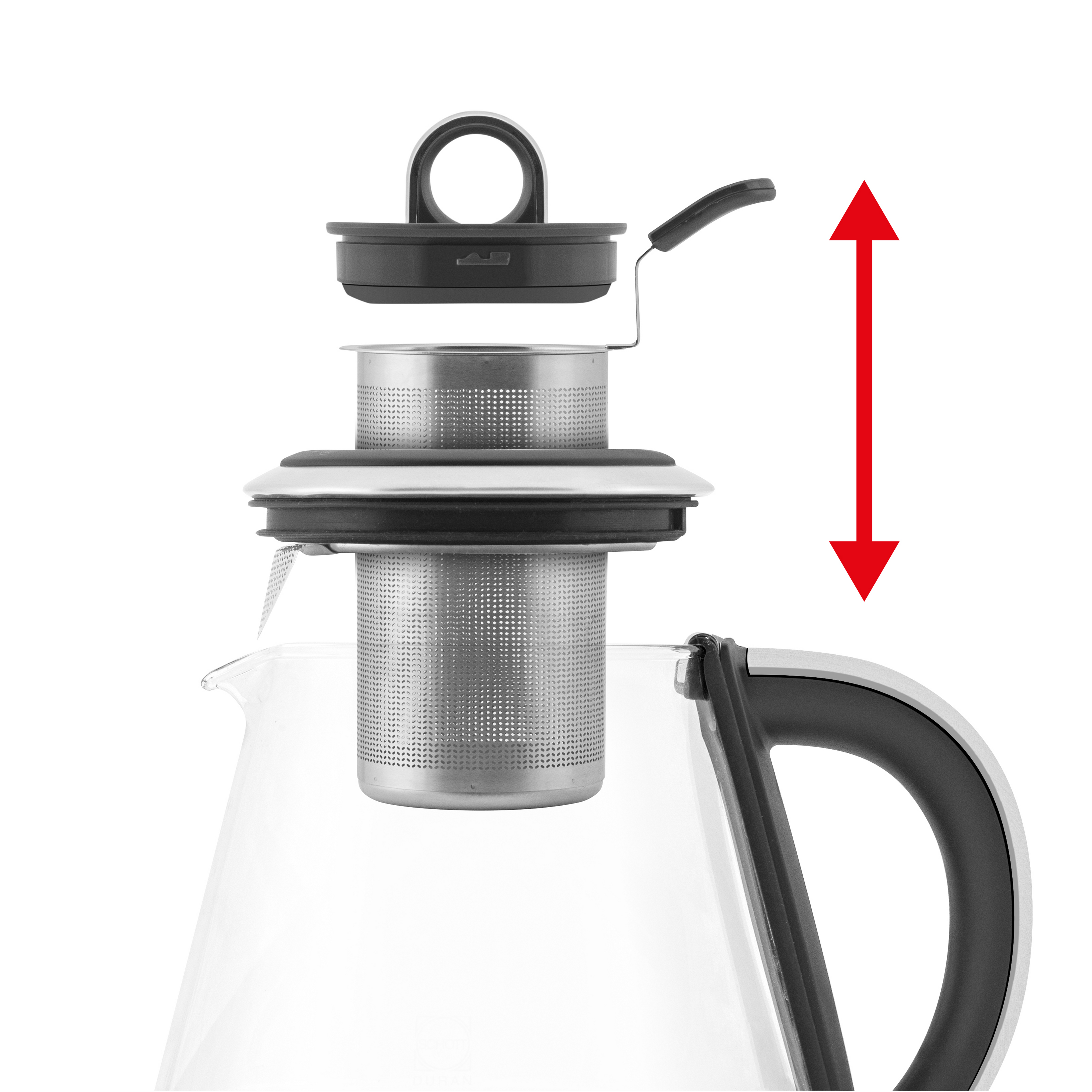 La Théière Fujian Zen (0,8 L) de riviera&bar est équipée d'un infuseur en filet, d'un couvercle qui se soulève au-dessus de la théière (indiqué par une flèche rouge à double tête), d'une poignée noire et d'une température réglable pour un thé parfait à chaque fois.