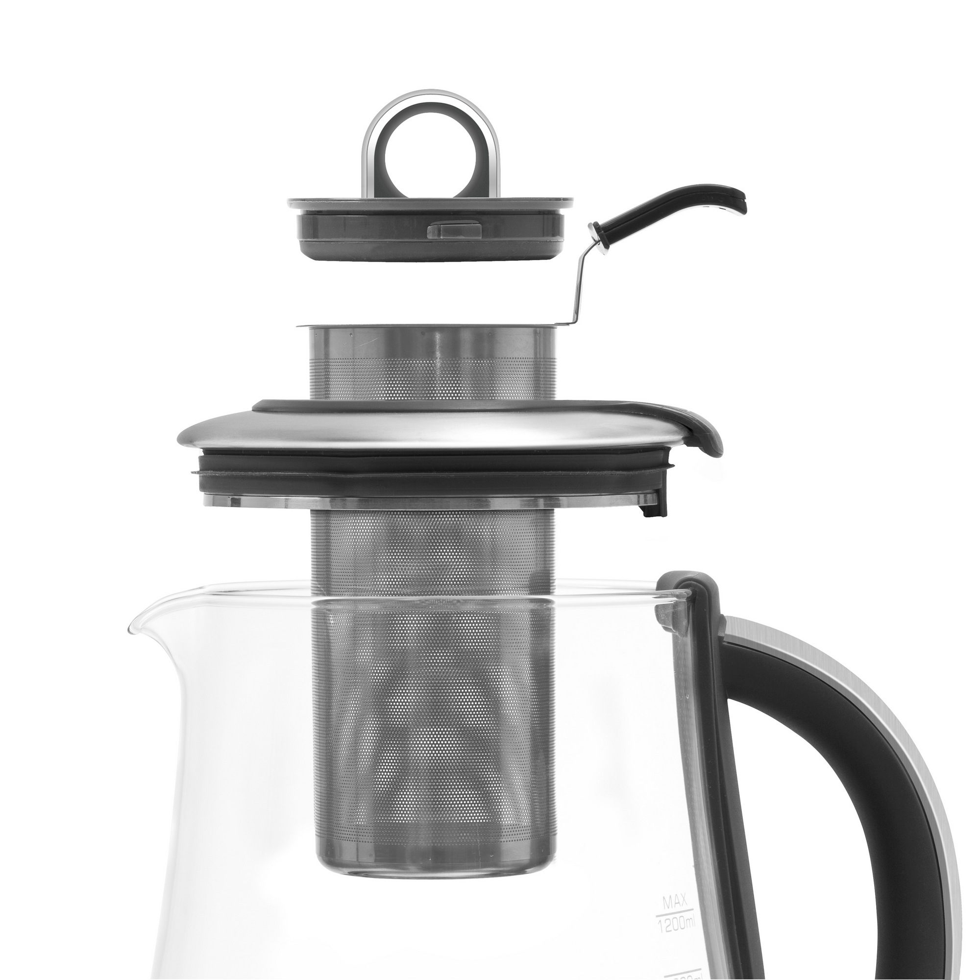 Gros plan sur une théière riviera&bar Théière Jaïpur Zen avec une poignée noire, présentée avec son infuseur en acier inoxydable et son couvercle séparés au-dessus de la théière, mettant en évidence les parties amovibles.