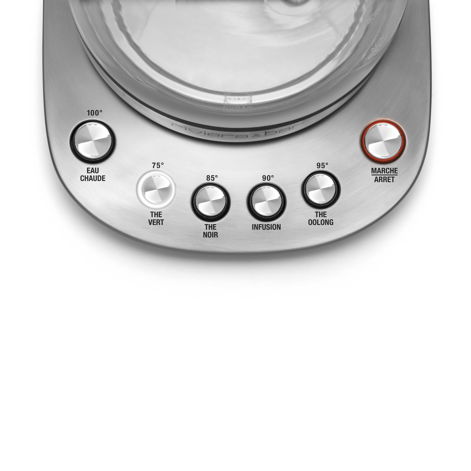 Gros plan sur le panneau de contrôle de la Théière Jaïpur Zen de riviera&bar avec six boutons ronds pour les types de thé et les températures, y compris le Thé Oolong et l'Eau Chaude. Le panier à thé en inox permet une infusion précise et un nettoyage facile.