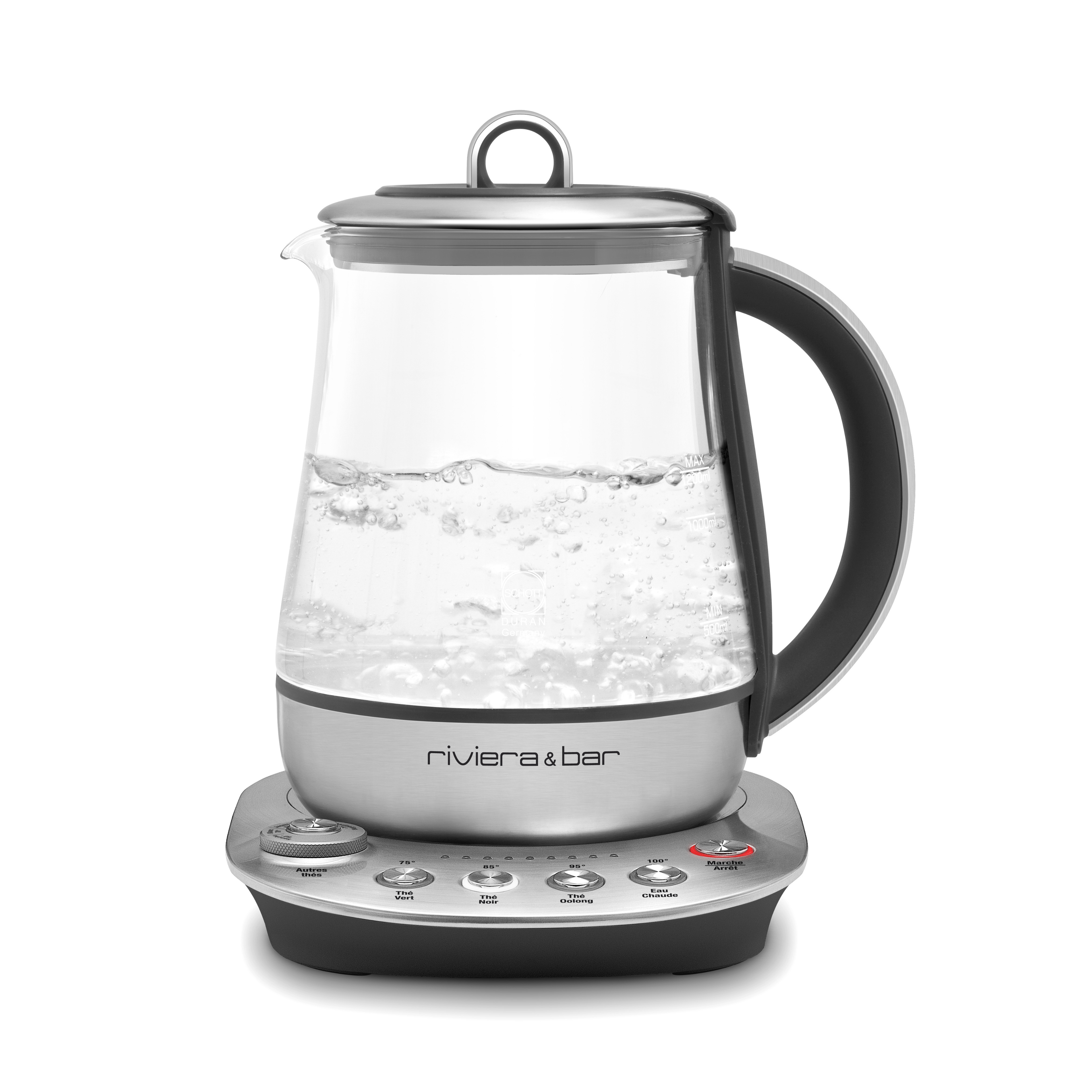 Une Théière Darjeeling Zen riviera&bar de 1,2L avec un corps en verre, une poignée noire et une base en métal fait bouillir de l'eau. La base comporte des programmes de thé préréglés et des boutons de température d'infusion. La marque est visible sur la partie métallique.