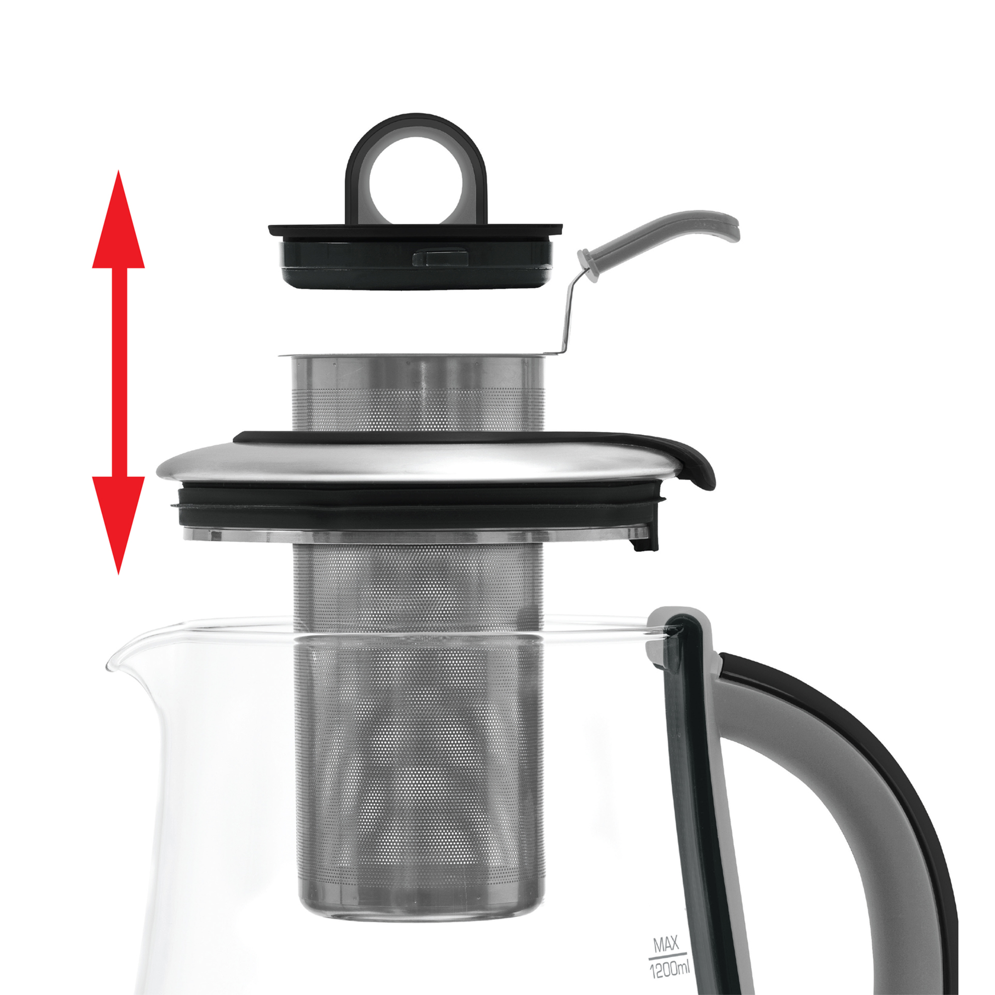 La Théière Darjeeling Zen de riviera&bar est une théière en verre avec infuseur en métal et couvercle amovible - mis en évidence par une double flèche rouge - parfaite pour préparer le thé ou l'utiliser avec une théière électrique programmable.