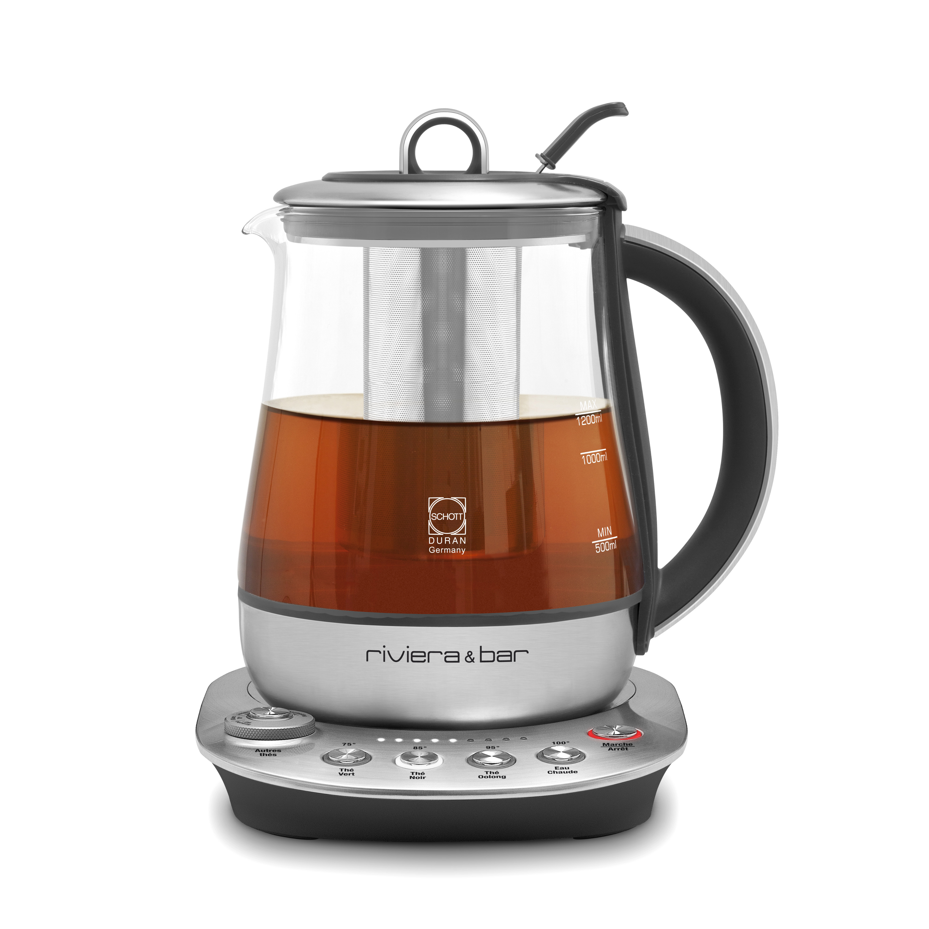 La théière Darjeeling Zen 1,2L de riviera&bar est en verre avec infuseur inox, poignée noire et base argentée à commandes température et programmes. Le logo riviera&bar figure sur la base.