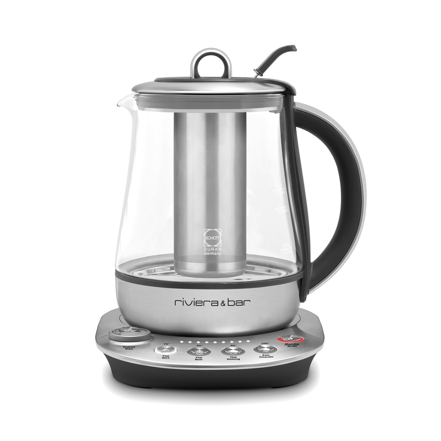 La Théière Darjeeling Zen de riviera&bar a une base en acier inoxydable, un panneau de contrôle numérique, une poignée noire, un corps en verre, un infuseur de thé en métal et des programmes de thé préréglés pour une infusion parfaite.