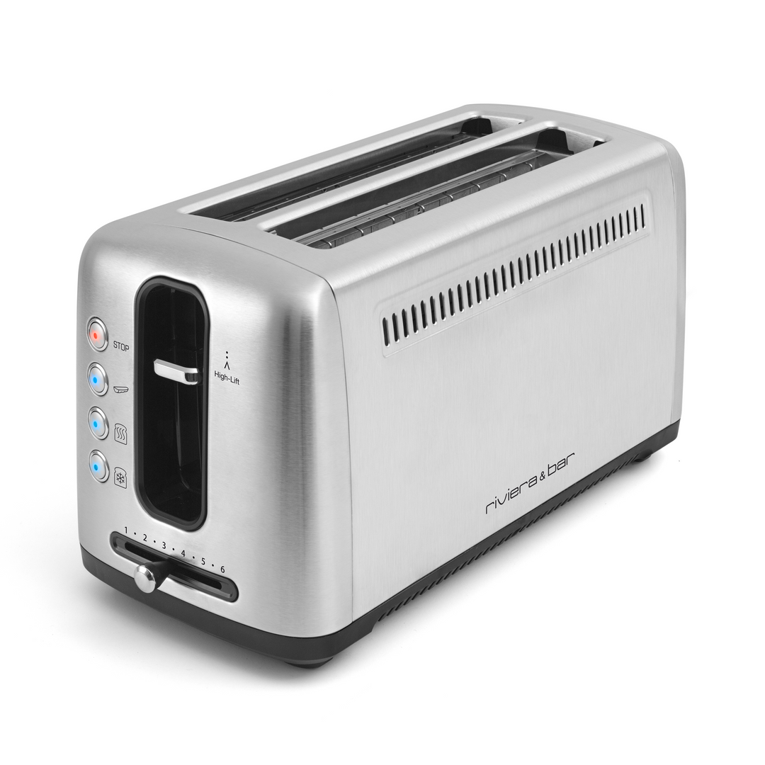 Le grille-pain inox 2 fentes longues riviera&bar possède des boutons de commande et un cadran pour régler le dorage sur le côté.