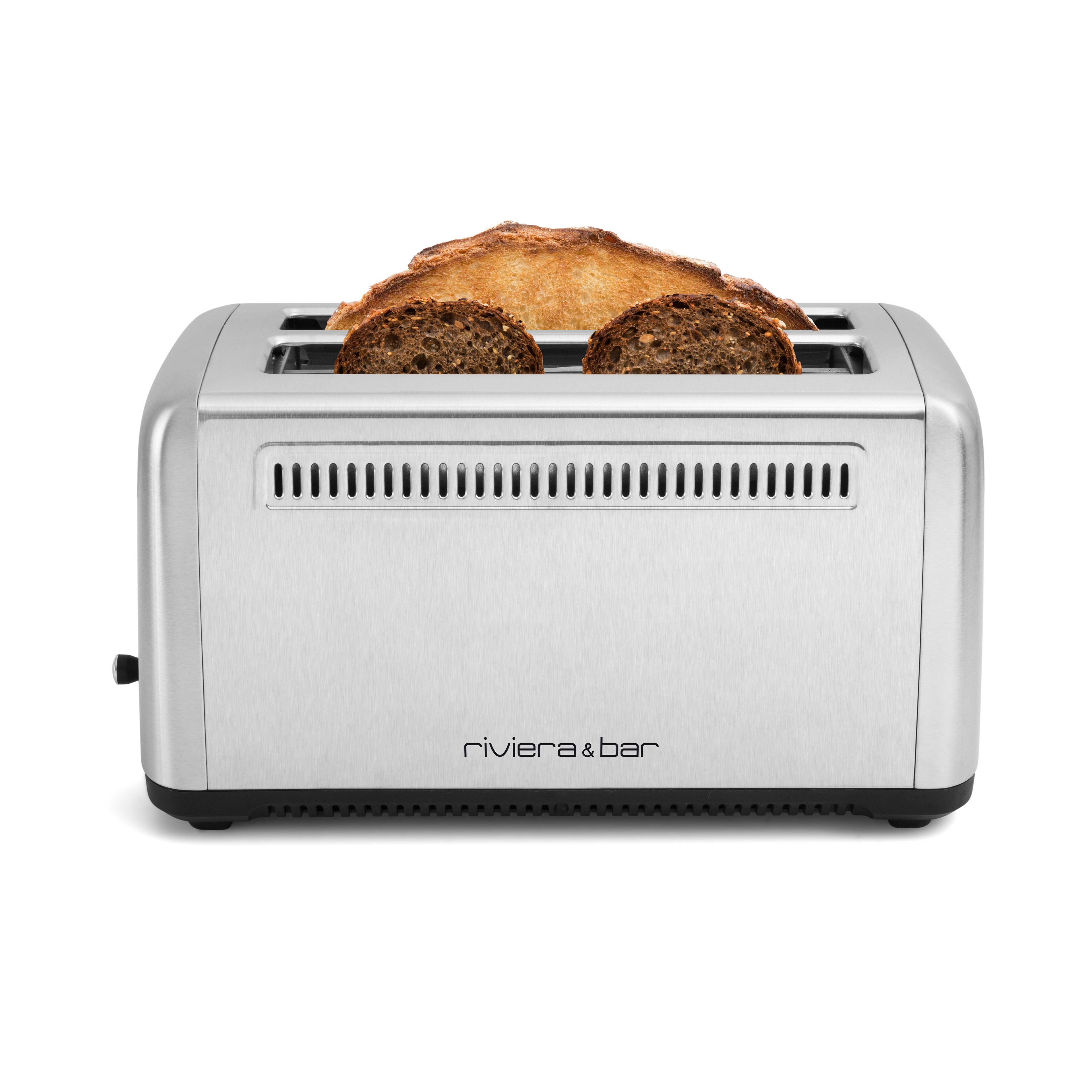 Le grille-pain inox 2 fentes longues riviera&bar accueille deux tranches, l'une claire et l'autre foncée, partiellement dorées à différents niveaux, dépassant légèrement des fentes extralongues.
