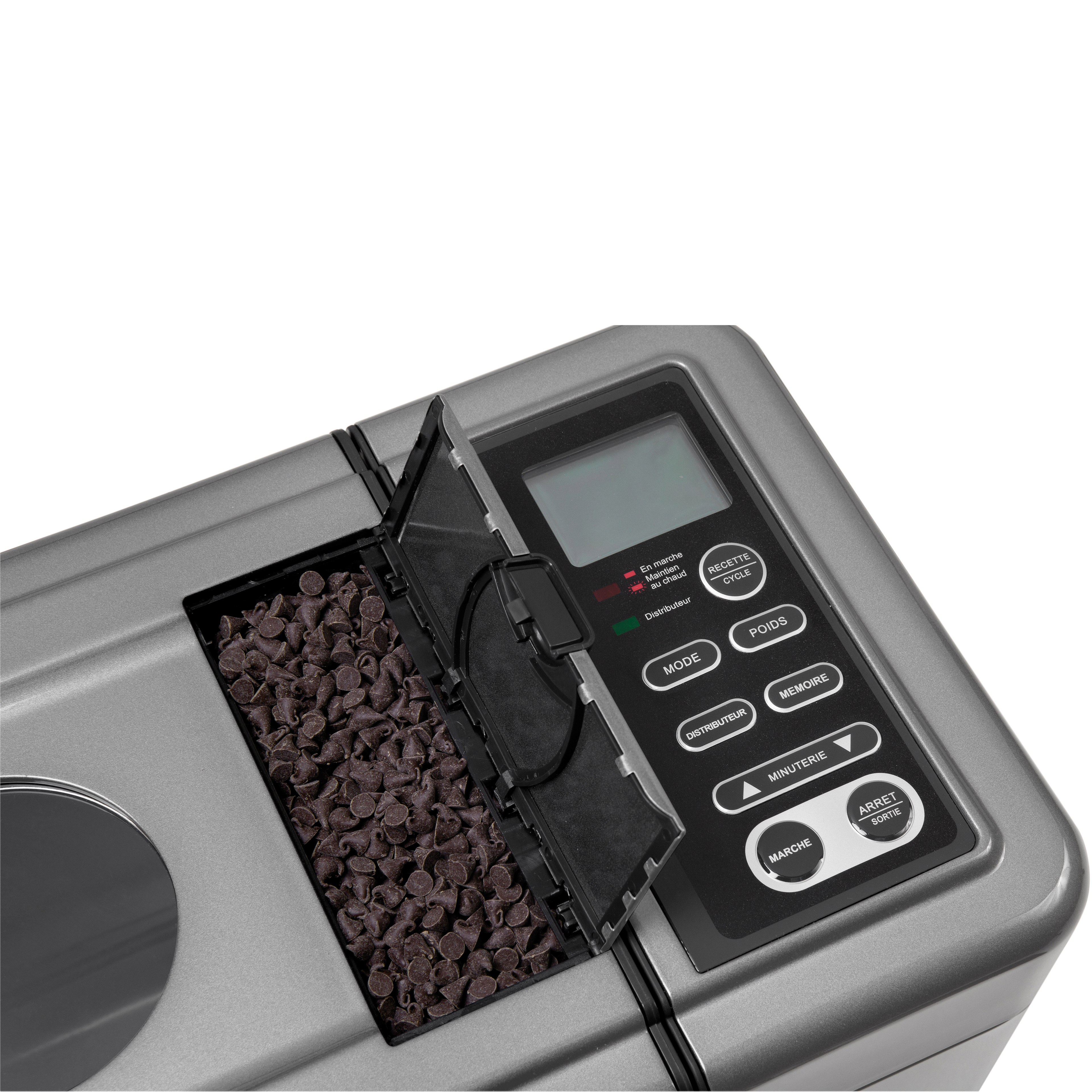 Un gros plan de la riviera&bar Machine à pain sans gluten MP 570A montre son panneau de contrôle, son compartiment à ingrédients ouvert avec des pépites de chocolat, et son écran avec des réglages spécialisés pour les farines sans gluten.
