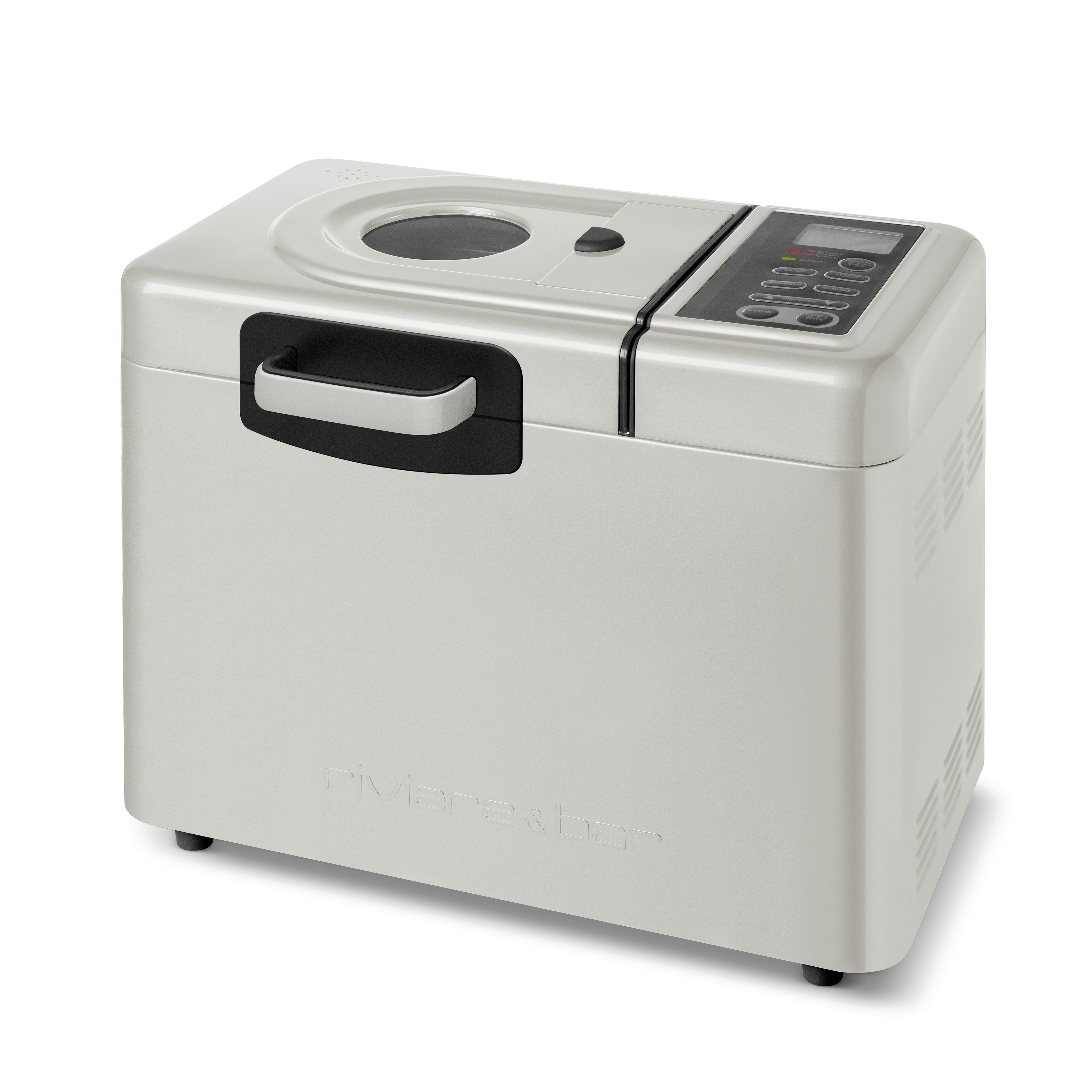 La riviera&bar Machine à Pain Sans gluten & Co MP579A est une machine à pain argentée avec une poignée noire, une fenêtre de visualisation sur le dessus, et un panneau de contrôle sur le côté droit - idéal pour la cuisson avec des farines sans gluten.