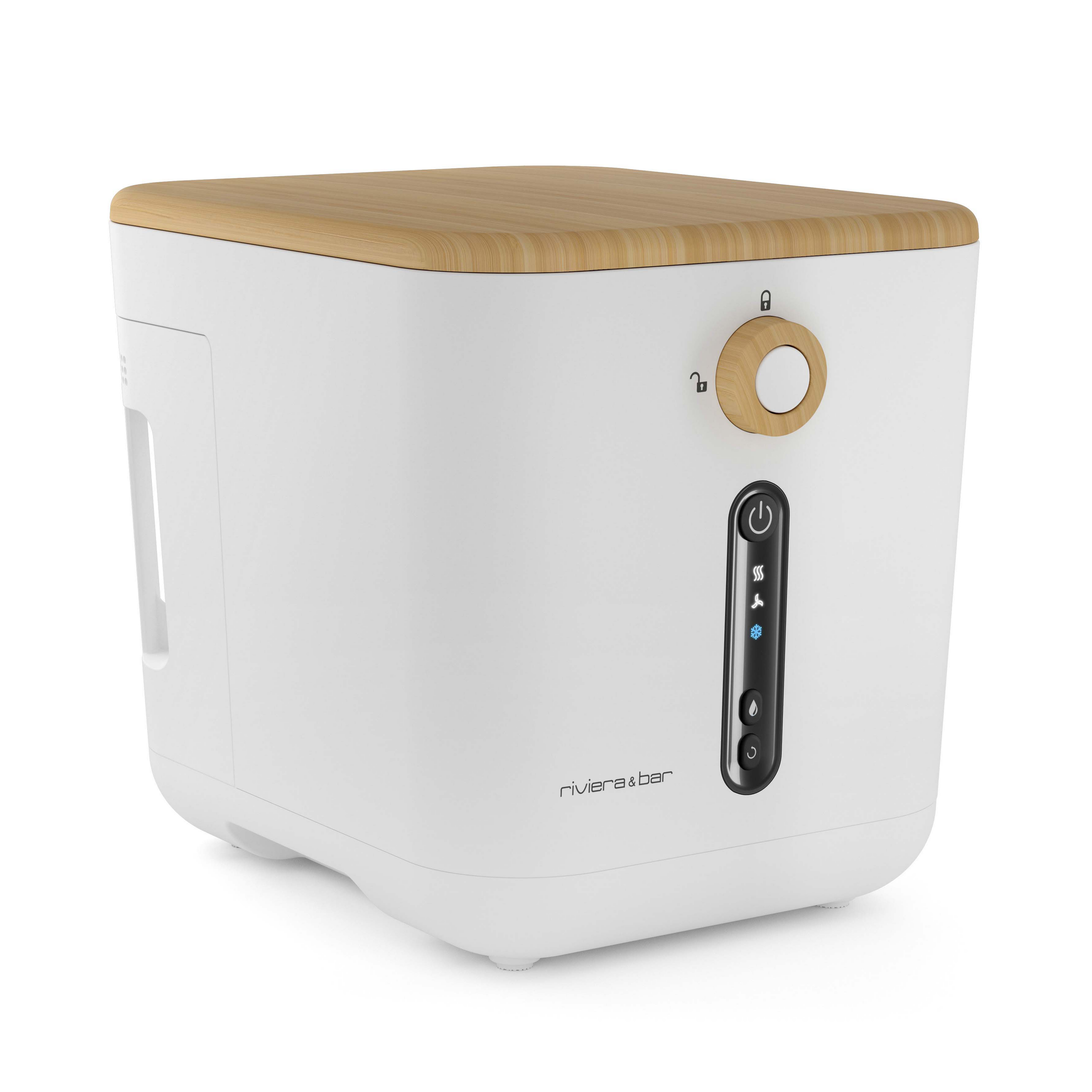 Le composteur de cuisine Minska de riviera&bar présente un design blanc moderne avec un couvercle en bois clair, un bouton rond et un panneau de contrôle vertical avec des icônes et des voyants lumineux - idéal pour les cuisines zéro déchet. Le logo de la marque est visible près du bas.