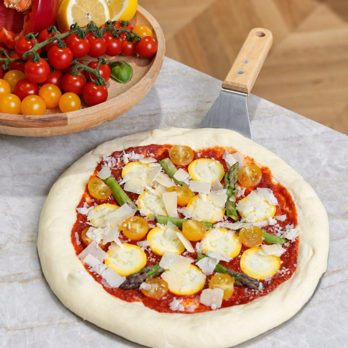 Pizza maison garnie de légumes, tomates et fromage avant cuisson