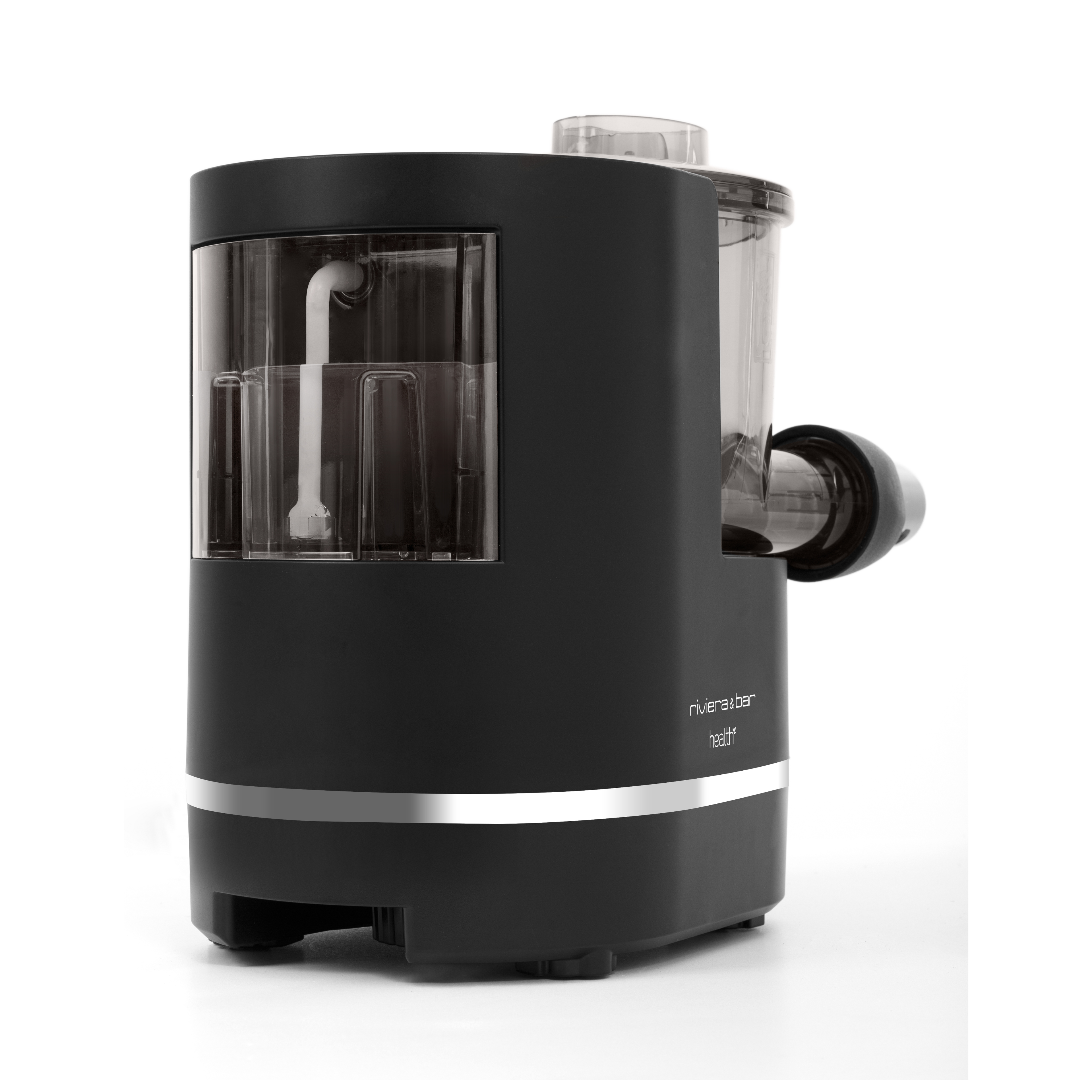 Un presse-agrumes électrique noir avec un récipient transparent, un accent argenté, et un design cylindrique moderne avec un bec verseur latéral - parfait pour toute cuisine avec votre riviera&bar Machine à pâtes PMP 350 et d'autres appareils.