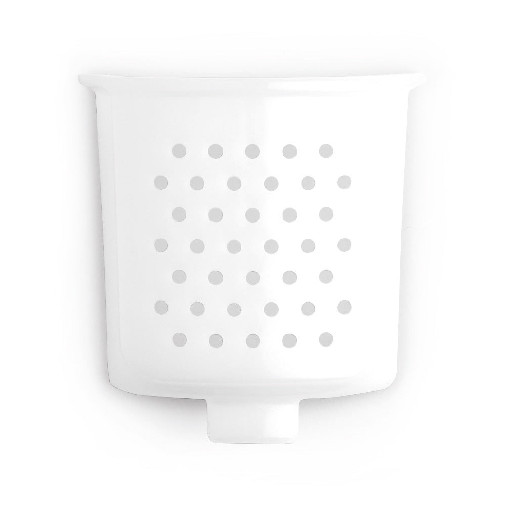 Un récipient en plastique blanc de riviera&bar, conçu avec des trous ronds à l'avant et un petit bec inférieur, idéal pour égoutter ou filtrer les pâtes faites avec votre Machine à pâtes PMP 350.