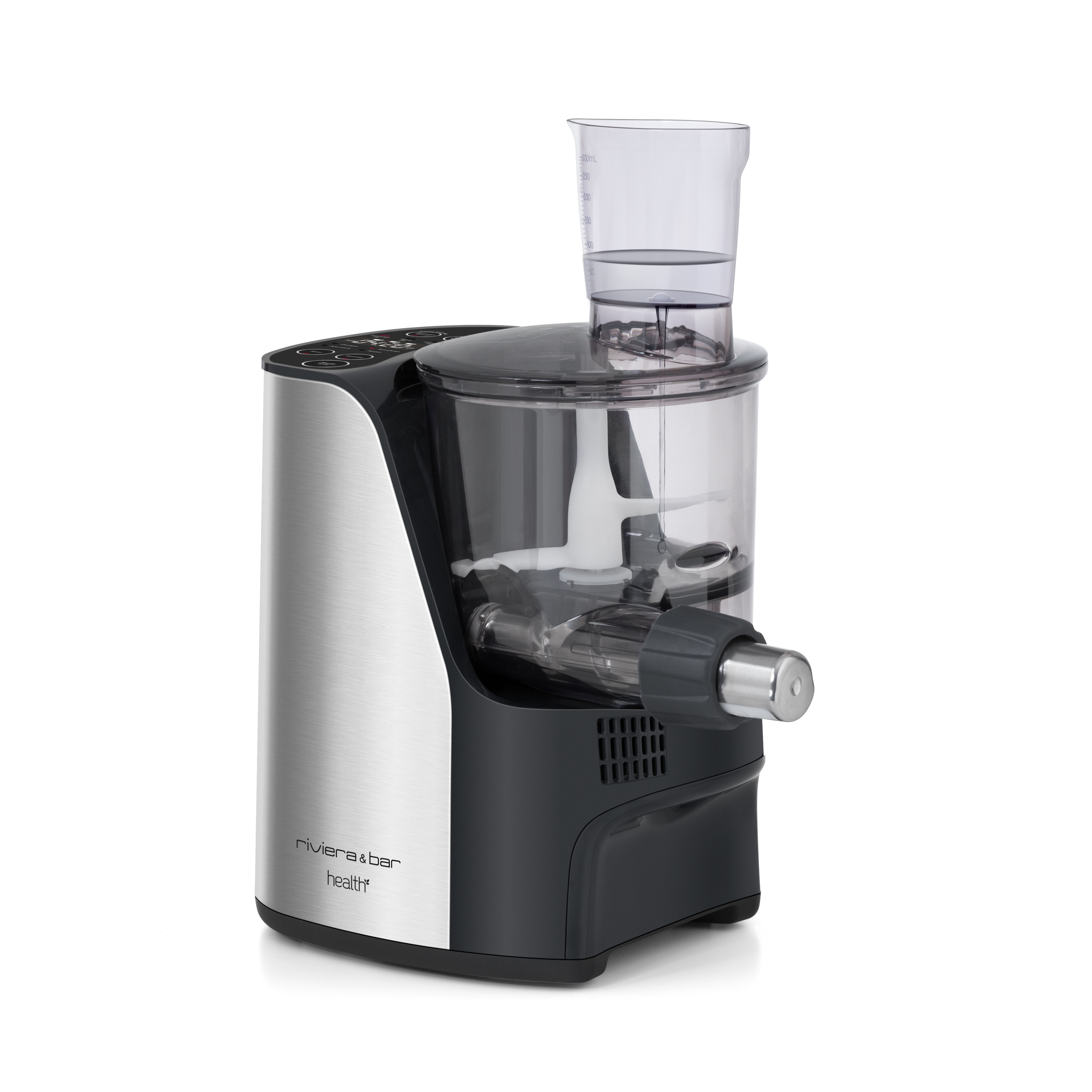 La riviera&bar Machine à pâtes PMP 500 présente un corps élégant en acier inoxydable et noir, un récipient transparent, une tasse à mesurer transparente sur le dessus, et des programmes automatiques faciles à utiliser pour une texture parfaite des pâtes sans gluten dans un design compact et moderne.
