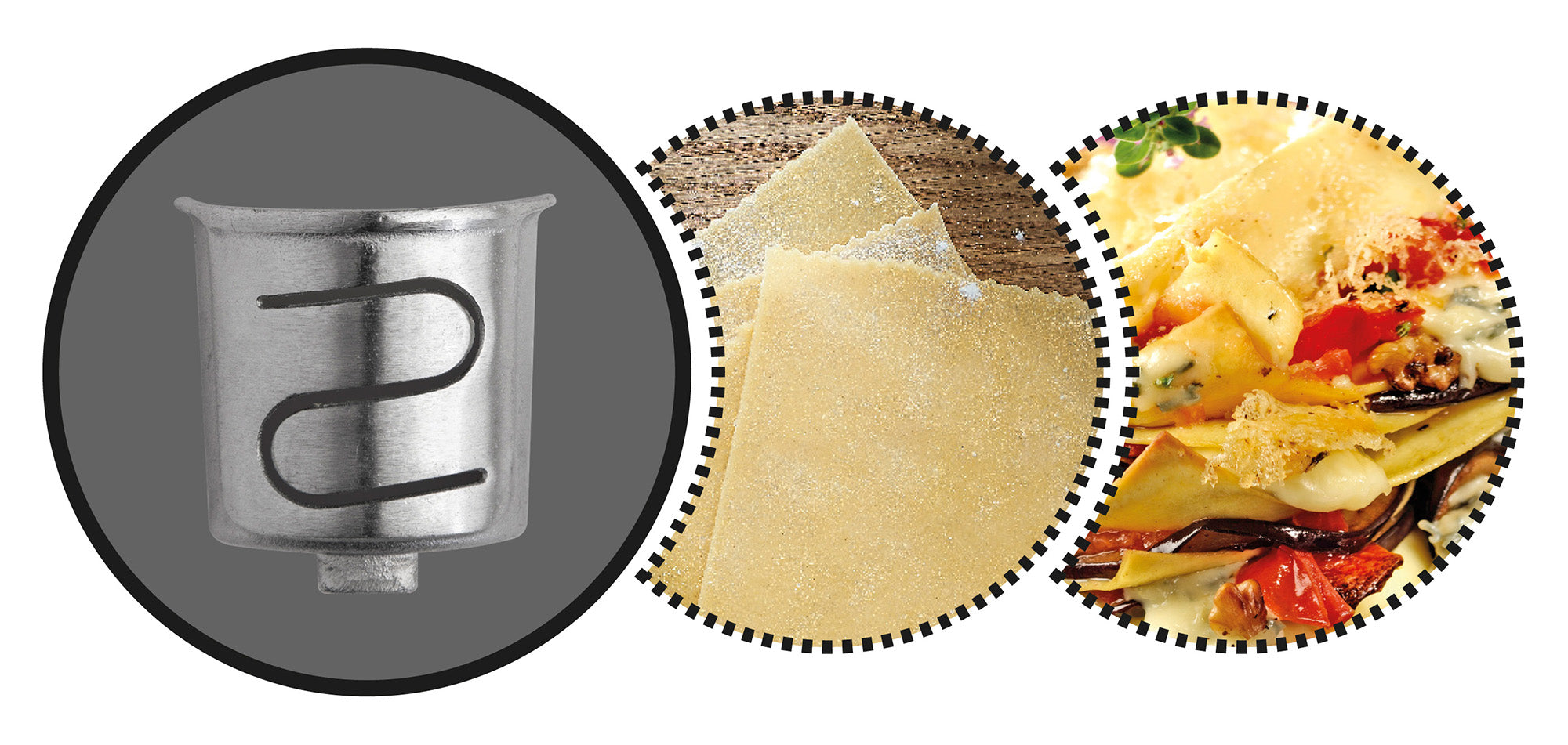 Trois cercles : le premier montre un coupe-pâtes riviera&bar Machine à pâtes PMP 500 ; le deuxième, des feuilles de lasagnes non cuites ; le troisième, des lasagnes aux légumes et au fromage cuites au four.