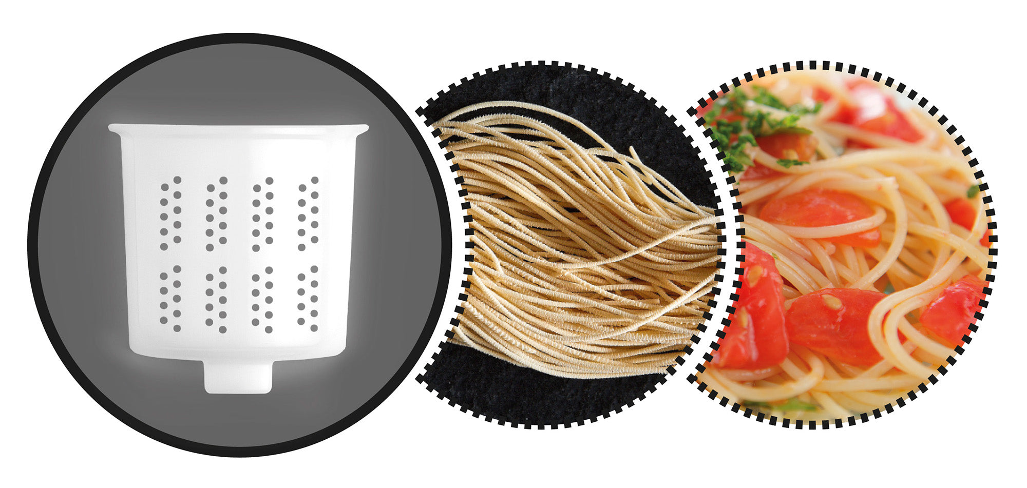 Trois cercles adjacents montrent une passoire à pâtes blanche, des spaghettis non cuits et une assiette de spaghettis cuits avec des tomates, tous mettant en valeur la texture parfaite réalisée avec la Machine à pâtes PMP 500 de riviera&bar.