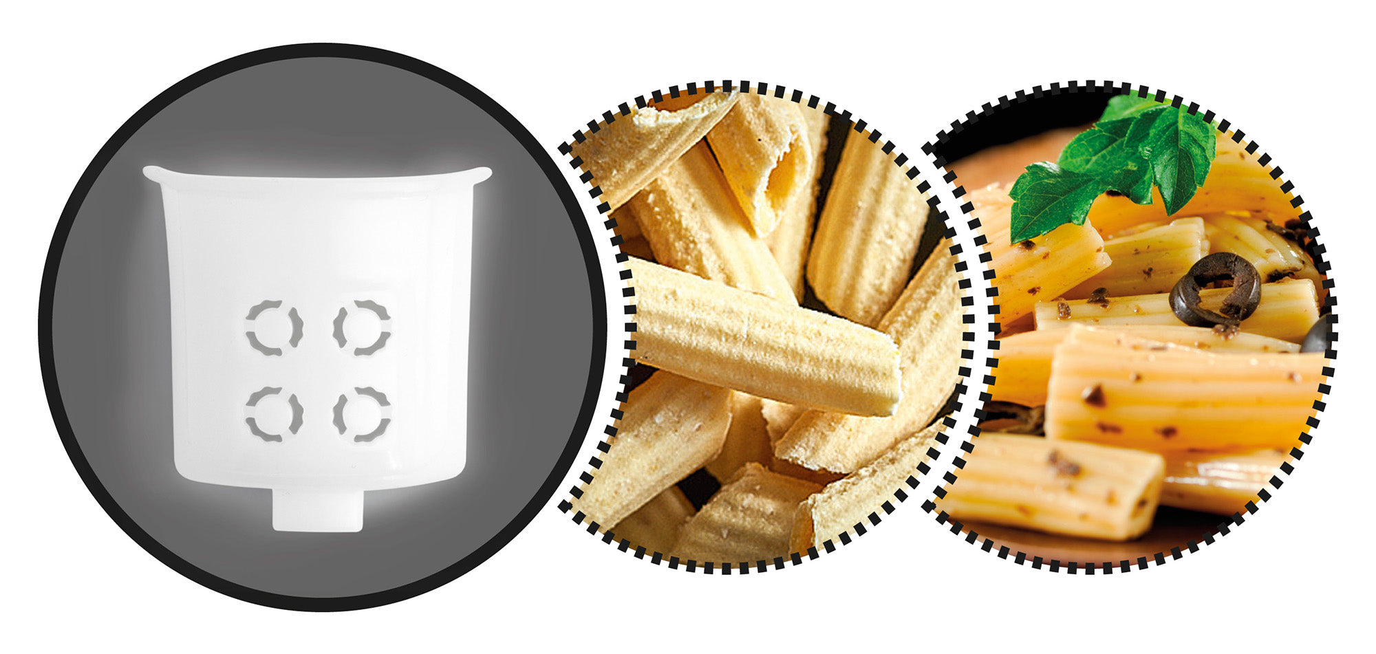 Une filière de pâtes rondes, des rigatoni non cuits et une assiette de rigatoni cuits avec des herbes et des olives - chacun dans des cadres circulaires - montrent la texture parfaite réalisable avec la machine à pâtes sans gluten riviera&bar PMP 500.