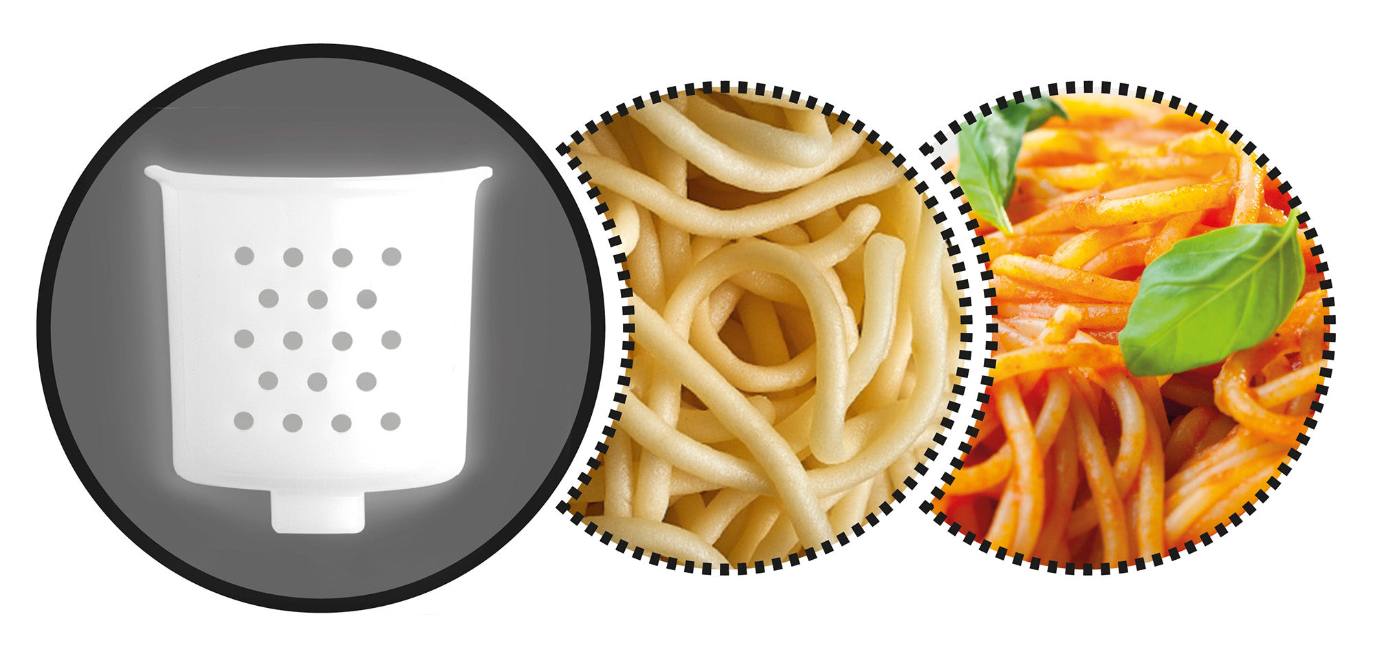 Trois cadres circulaires présentent la riviera&bar Machine à pâtes PMP 500, des pâtes cuites nature à la texture parfaite, et des spaghettis garnis de sauce tomate et de basilic.