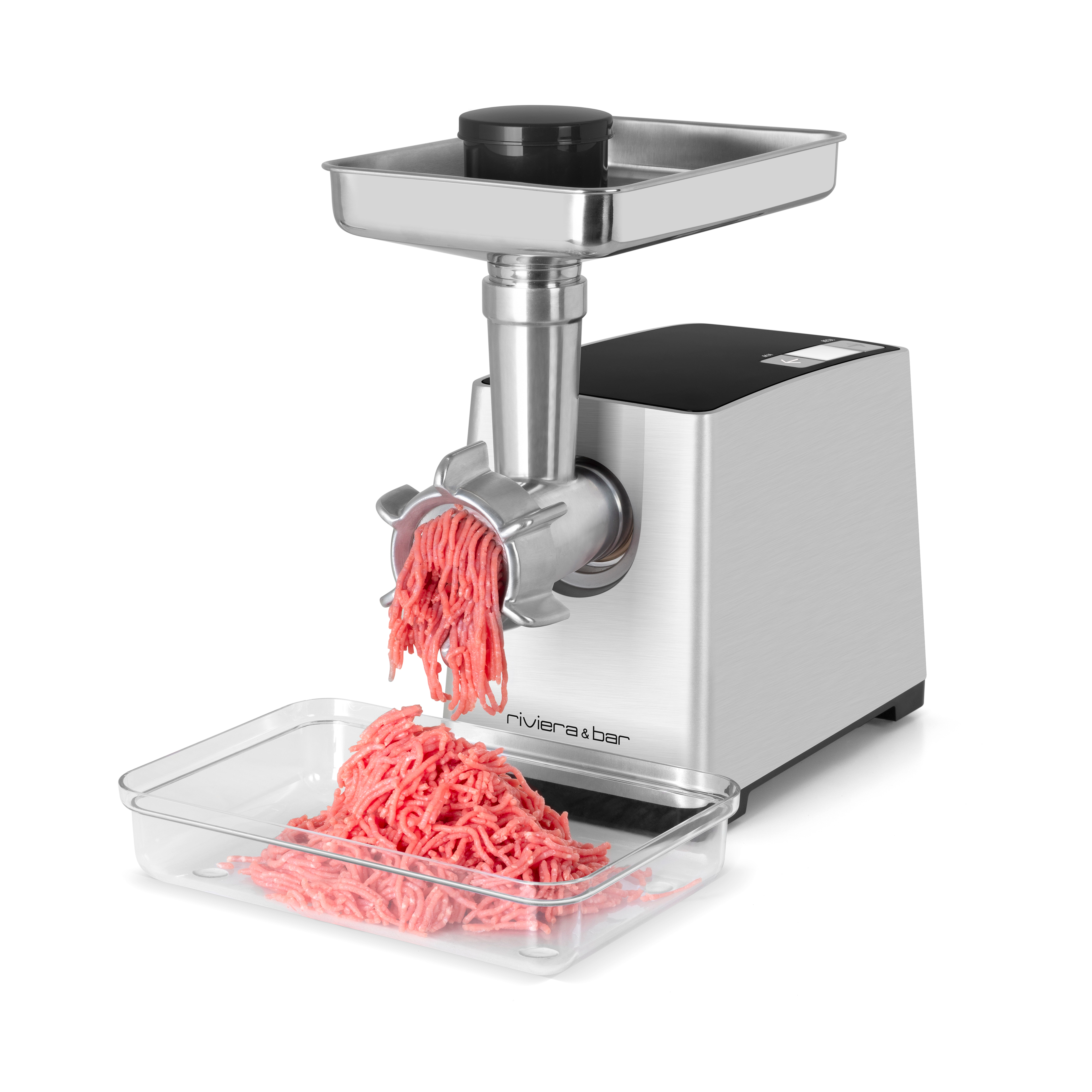 Le riviera&bar Robot hachoir multifonction, un hachoir argenté de 2500W, traite la viande crue et distribue la viande hachée dans un récipient rectangulaire transparent situé sous le bec.