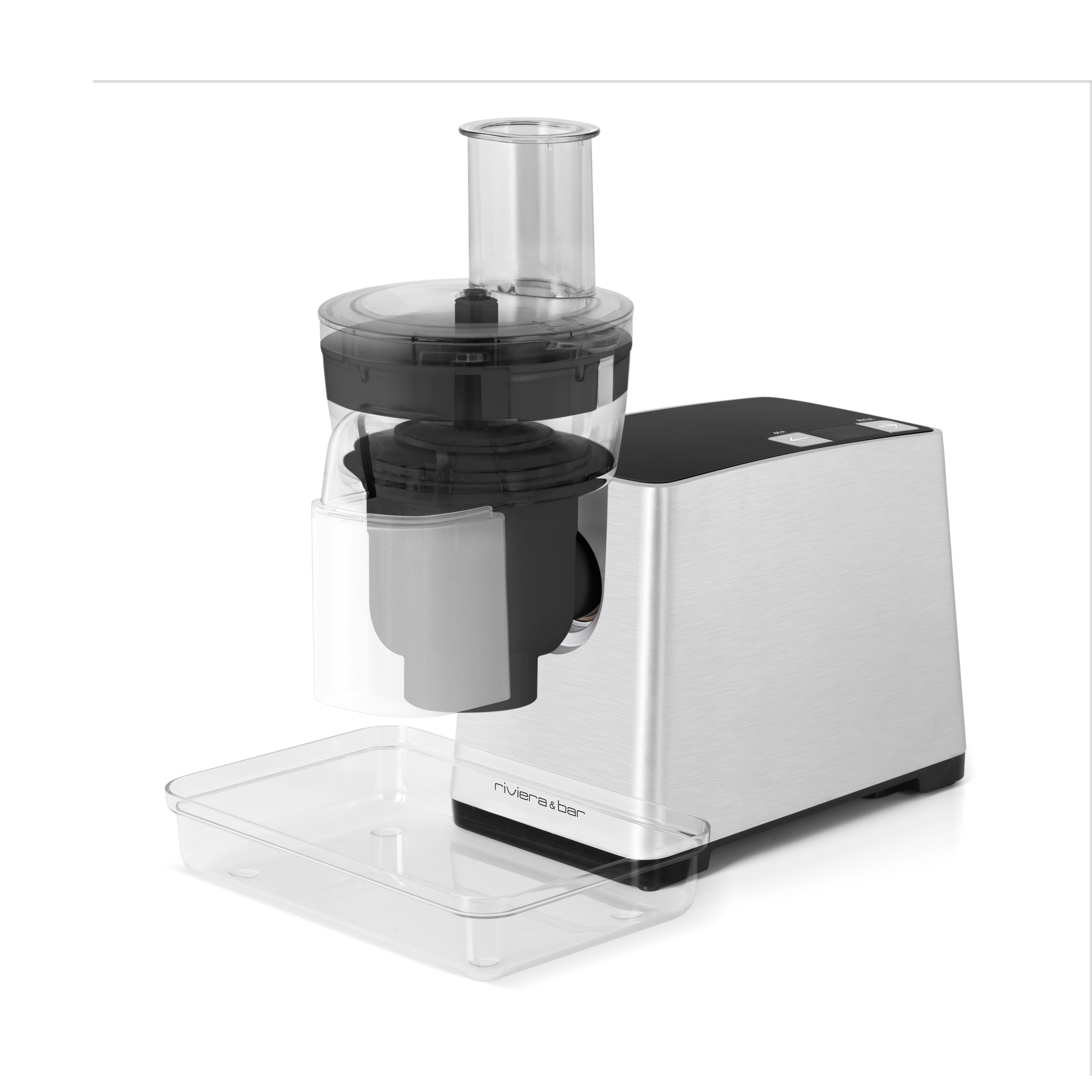 Un riviera&bar Robot hachoir multifonction argenté et noir avec grilles et accessoires en acier inoxydable est présenté sur un fond blanc.