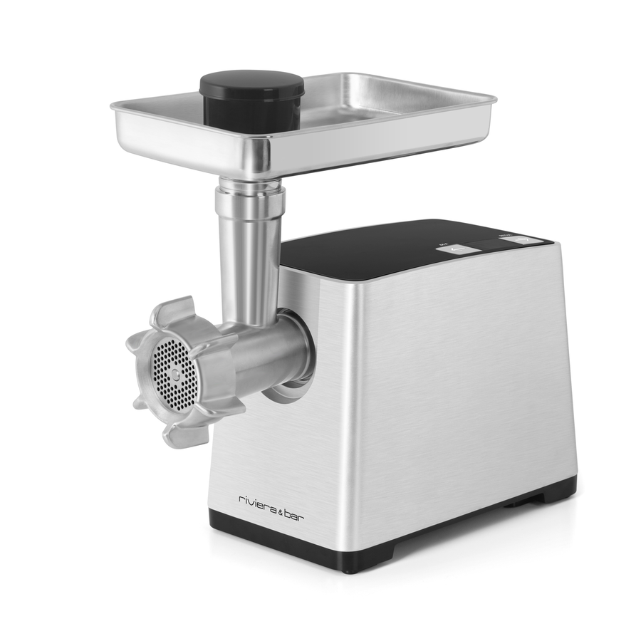 Le riviera&bar Robot hachoir multifonction est un hachoir électrique argenté et noir avec un moteur de 2500W, un plateau supérieur en métal, des grilles en acier inoxydable, un tube d'alimentation et une plaque de broyage circulaire à l'avant. Il repose sur une surface blanche.