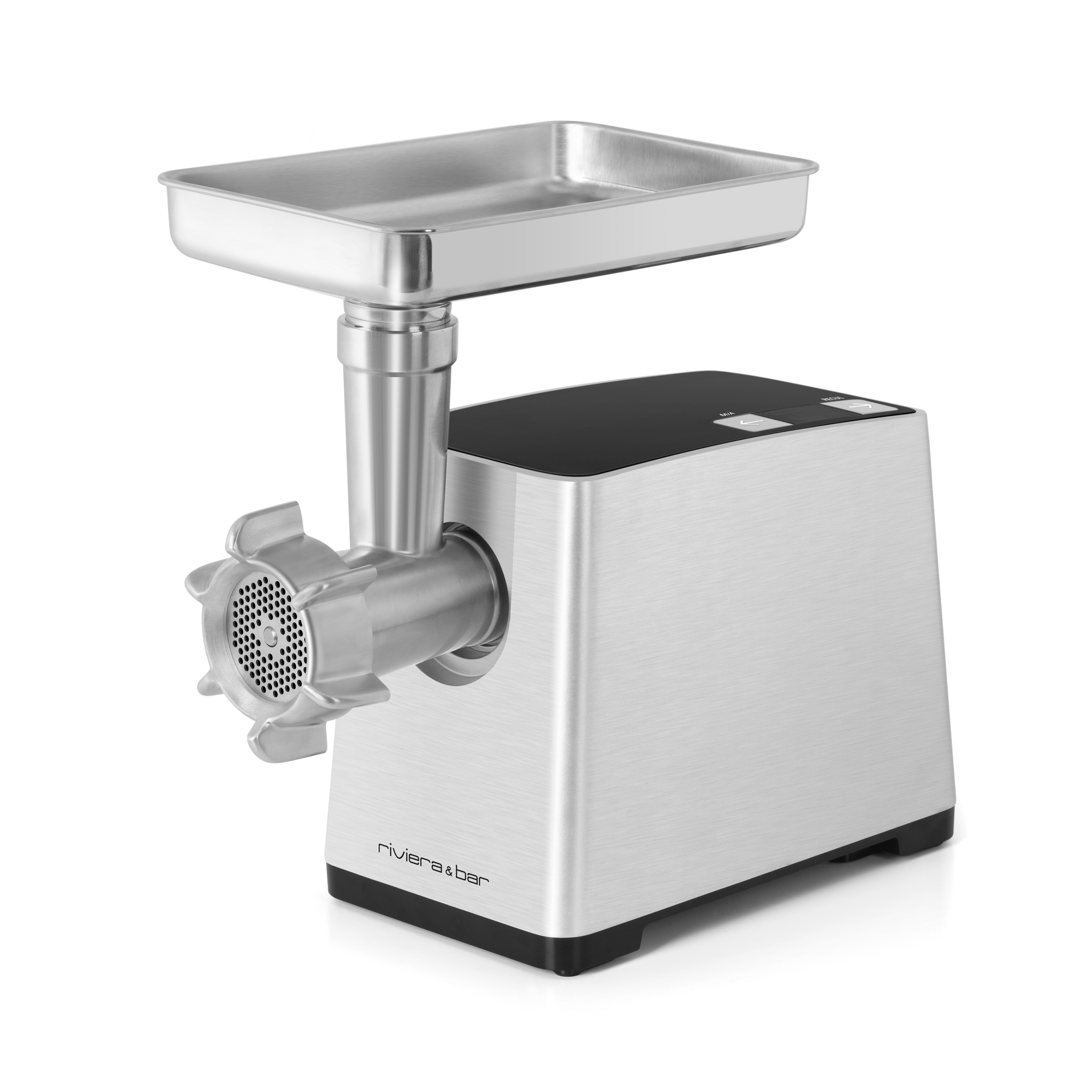 Le riviera&bar Robot hachoir multifonction est un hachoir à viande électrique en acier inoxydable avec des grilles en acier inoxydable, un moteur puissant de 2500W, un plateau supérieur pour la viande, et un mécanisme de hachage frontal, présenté sur un fond blanc.