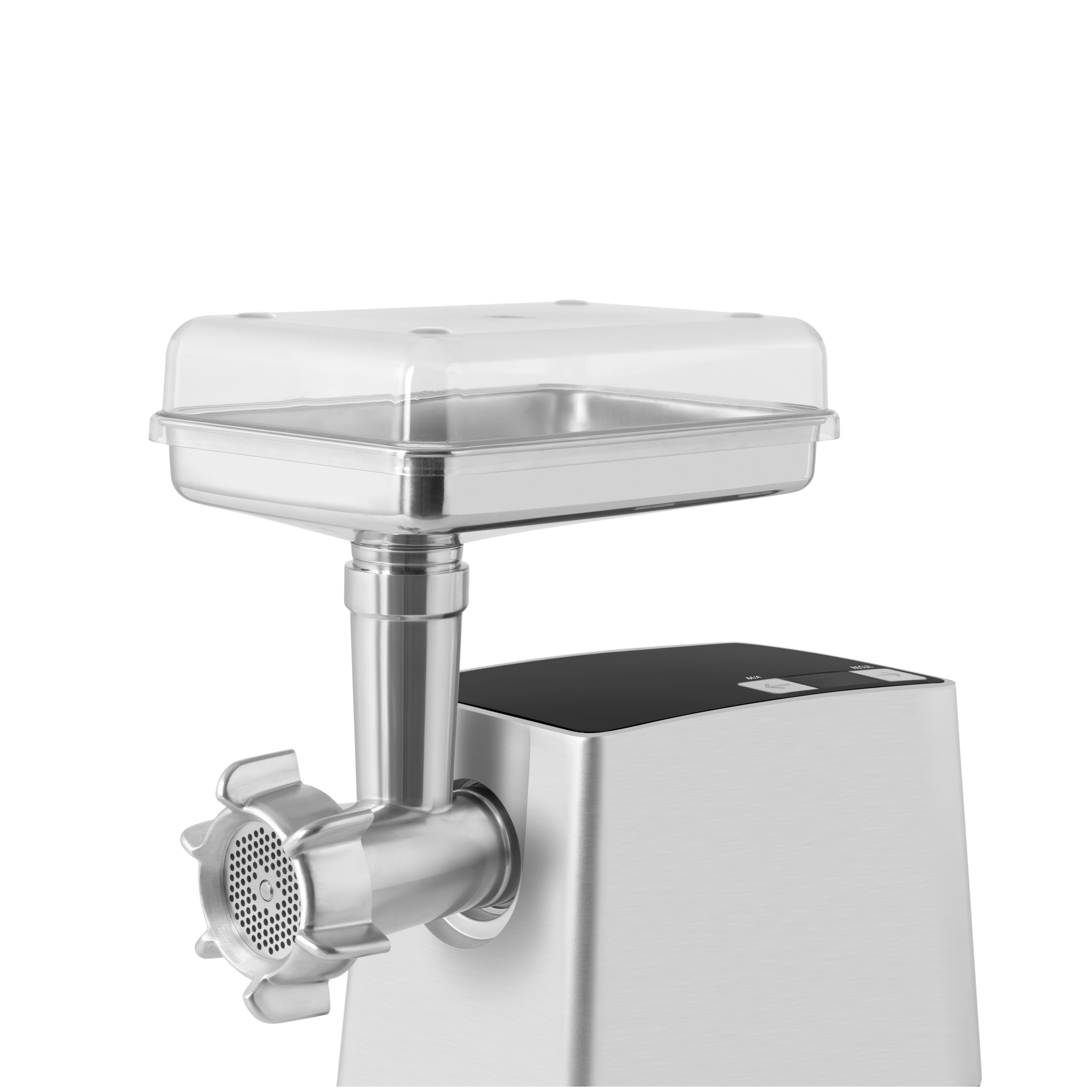 Le riviera&bar Robot hachoir multifonction est un hachoir à viande électrique en acier inoxydable avec un plateau supérieur en plastique transparent, des grilles en acier inoxydable à l'avant, et un moteur de 2500W, présenté sur un fond blanc.