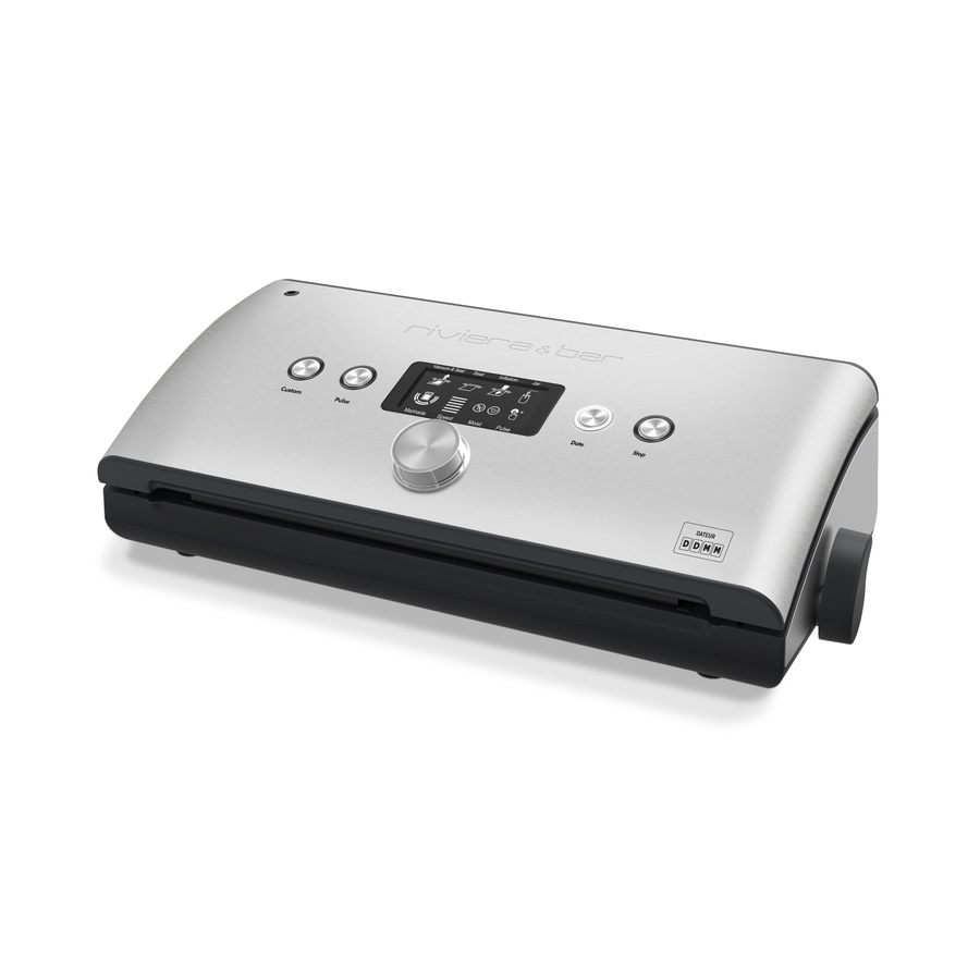 The riviera&bar Appareil de mise sous vide avecateur intégré, argent et noir avec écran digital, boutons et molette centrale, conserve les aliments et les protège de l'oxydation. Présenté sur fond blanc.