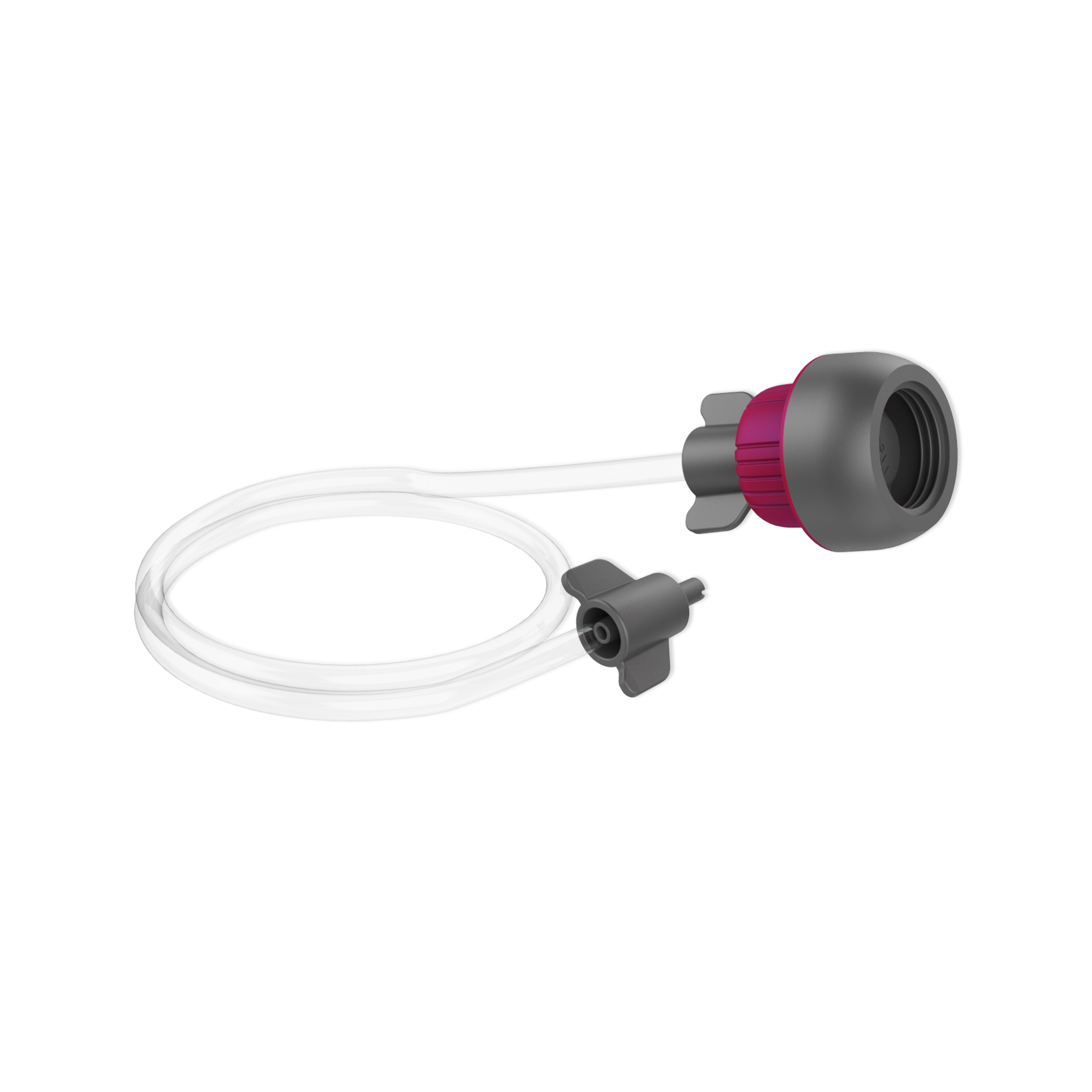 Le set riviera&bar Appareil de mise sous vide avec dateur intégré est composé d'un tube flexible transparent, d'un connecteur gris et violet et d'une petite pince grise, le tout sur fond blanc. Idéal pour les applications sensibles à l'oxydation ou pour le sous-vide.