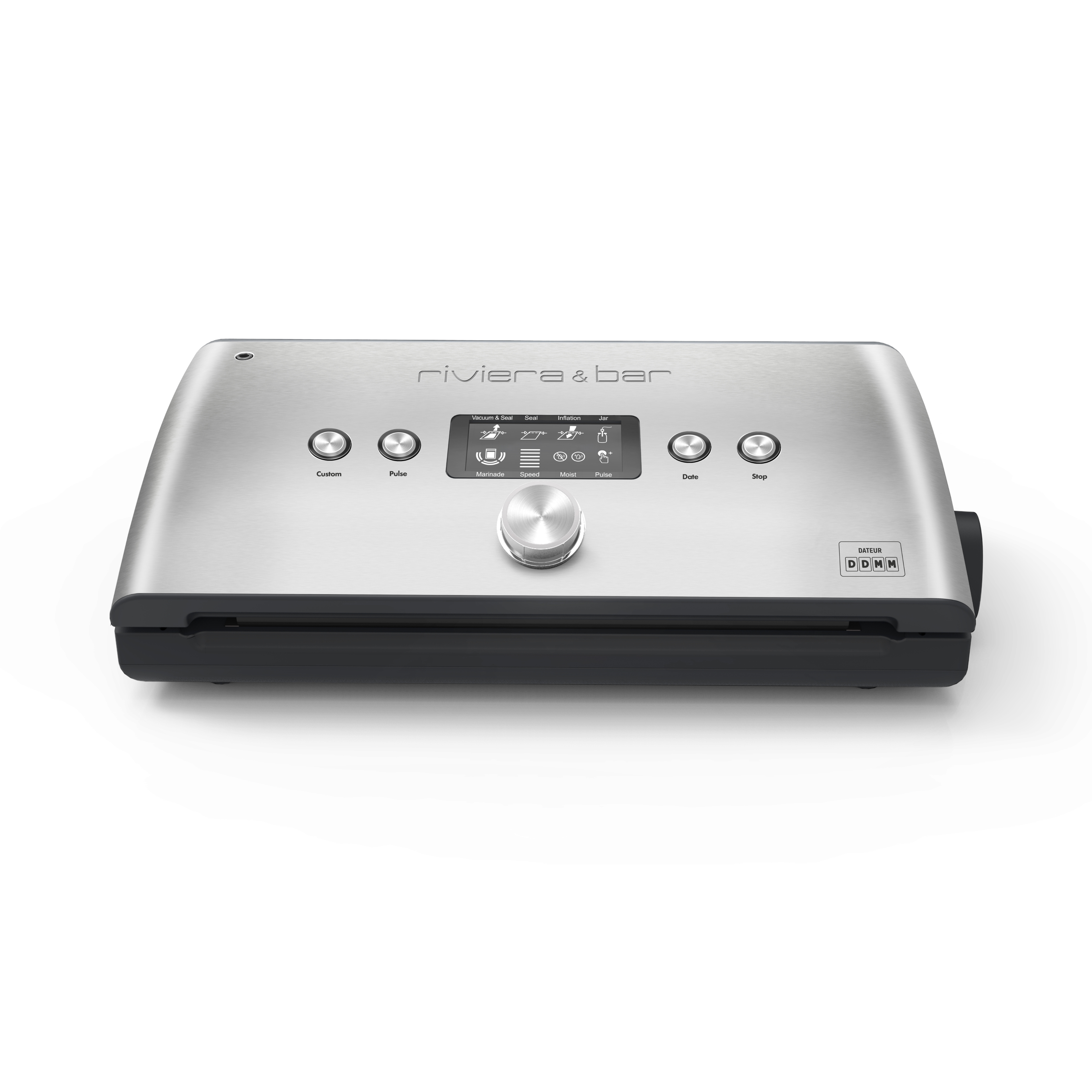 L'Appareil de mise sous vide avec dateur intégré riviera&bar : un élégant appareil inox avec affichage digital, bouton central et quatre touches, idéal pour conserver les aliments sous vide et limiter l'oxydation.