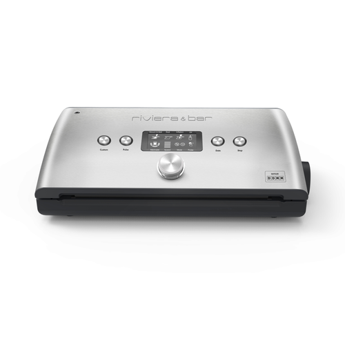 L'Appareil de mise sous vide avec dateur intégré riviera&bar : un élégant appareil inox avec affichage digital, bouton central et quatre touches, idéal pour conserver les aliments sous vide et limiter l'oxydation.