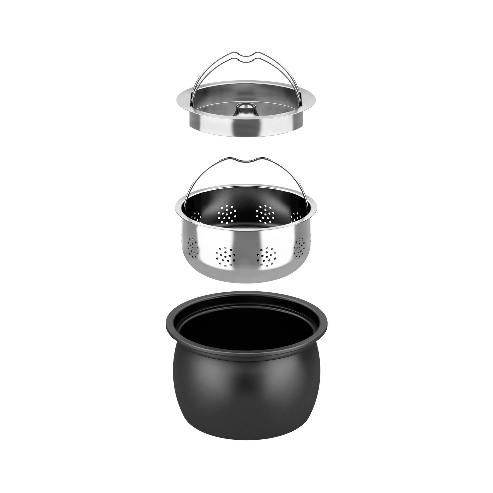 Vue éclatée du Cuiseur à riz Low Sugar de riviera&bar : une casserole noire à la base, une passoire en métal avec poignée au centre, et un couvercle sur le dessus, alignés verticalement pour une cuisson précise sur un fond blanc.