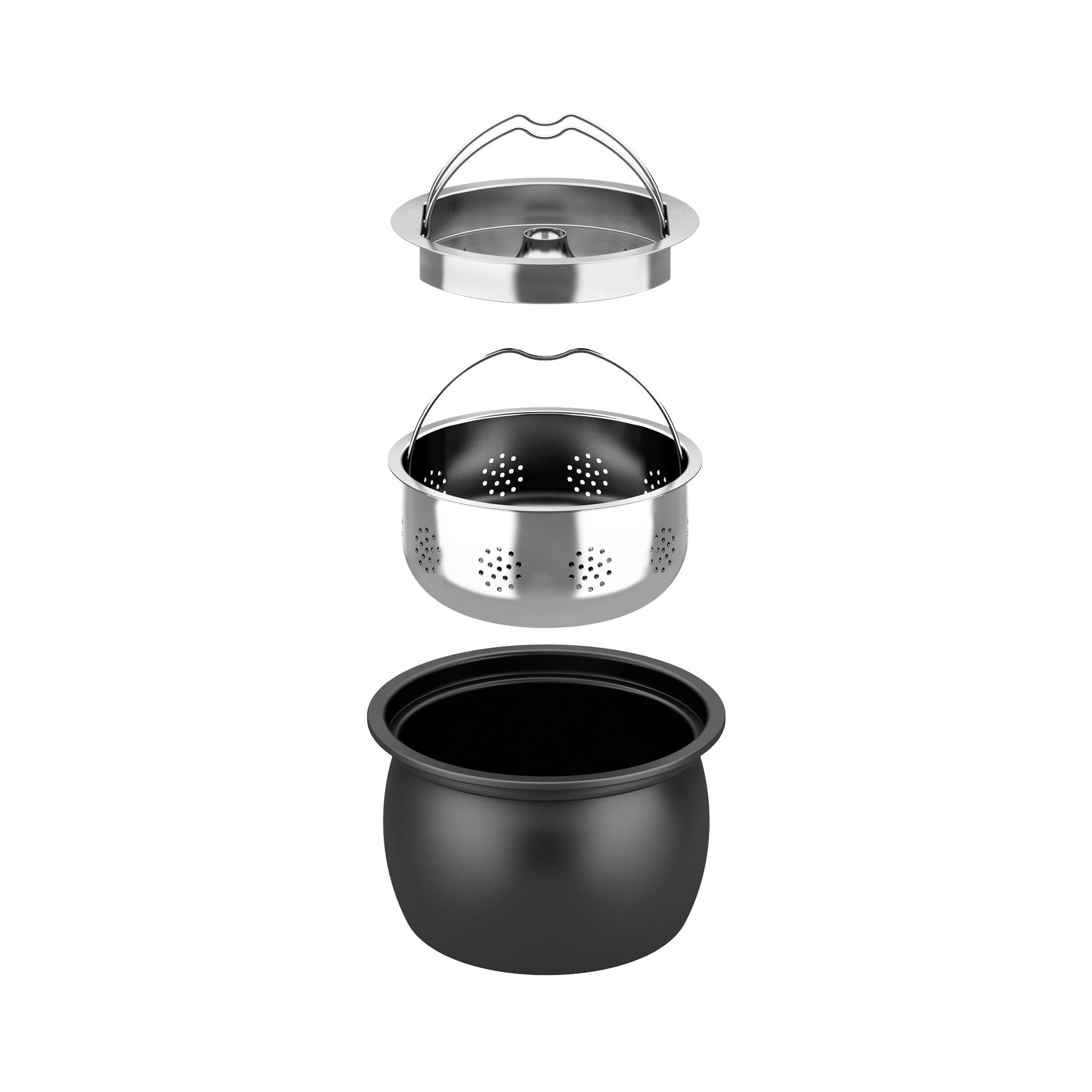 Vue éclatée du Cuiseur à riz Low Sugar de riviera&bar : une casserole noire à la base, une passoire en métal avec poignée au centre, et un couvercle sur le dessus, alignés verticalement pour une cuisson précise sur un fond blanc.