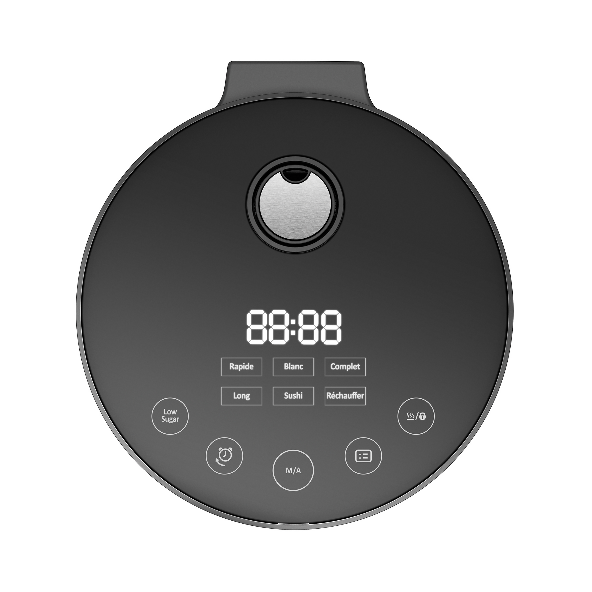 Vue du dessus du riviera&bar Cuiseur à riz Low Sugar en noir, doté d'un écran LED avec 88:88 et de touches tactiles pour les différents modes de cuisson, offrant des performances élevées et une cuisson maîtrisée précise à chaque fois.