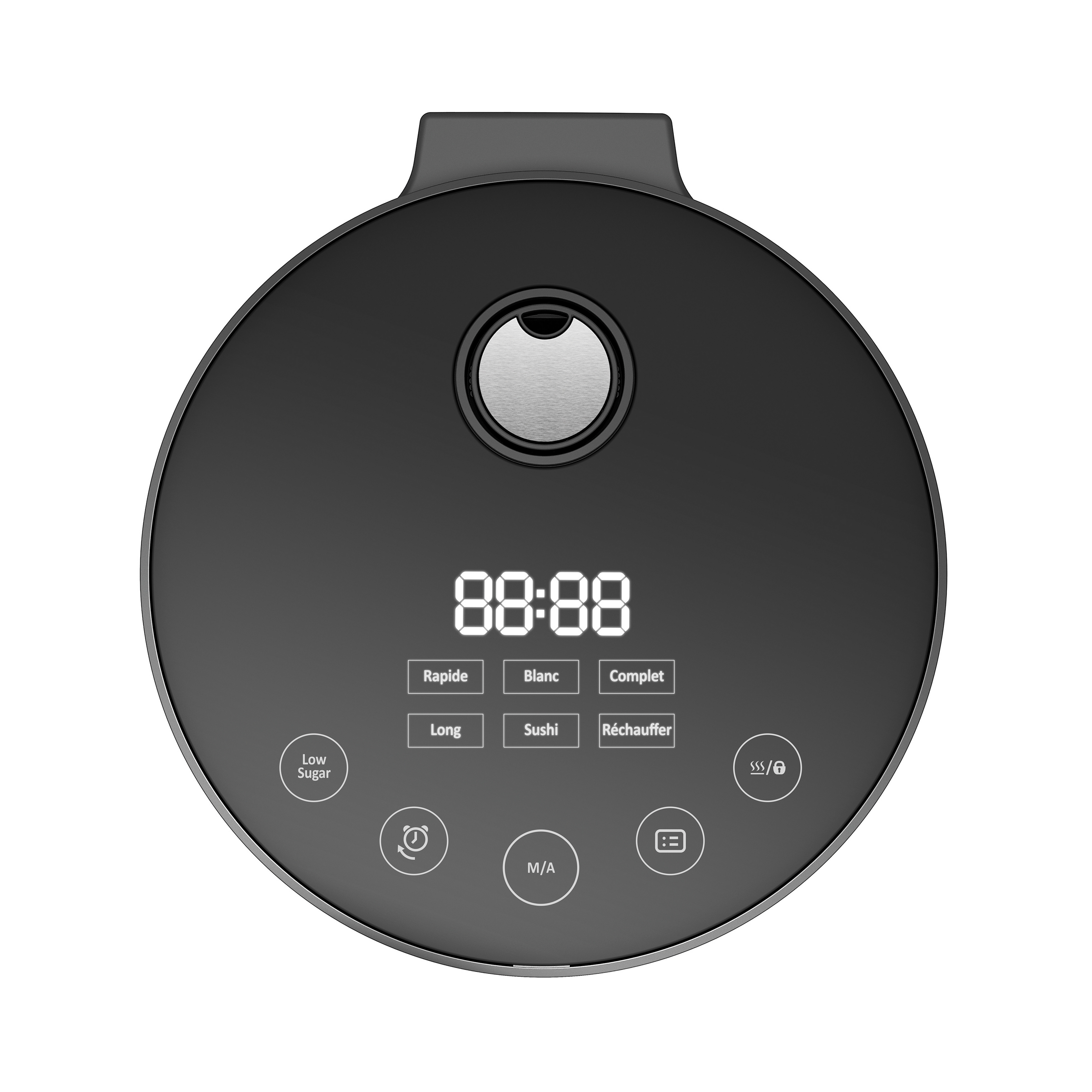 Vue du dessus du riviera&bar Cuiseur à riz Low Sugar en noir, doté d'un écran LED avec 88:88 et de touches tactiles pour les différents modes de cuisson, offrant des performances élevées et une cuisson maîtrisée précise à chaque fois.