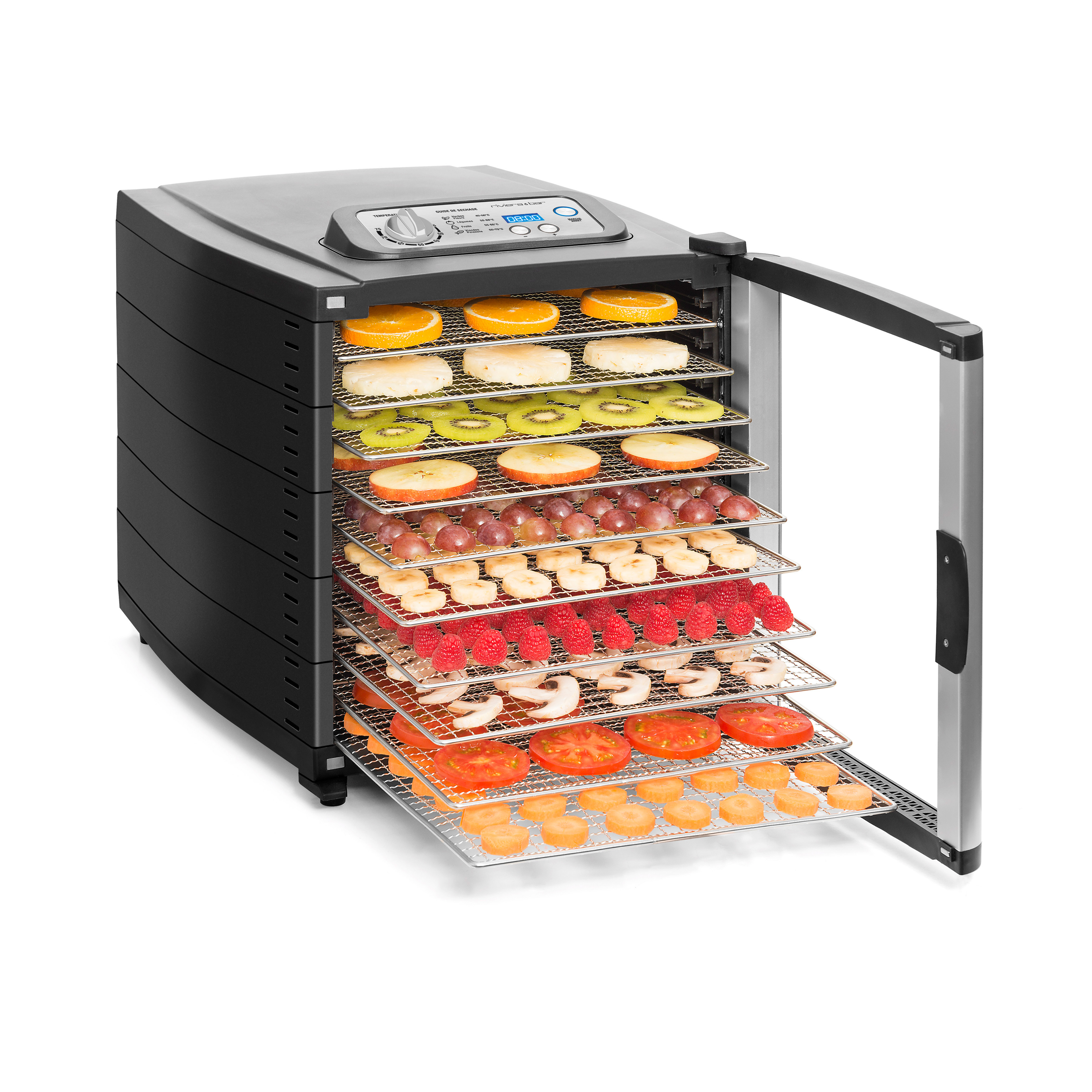 Le Déshydrateur alimentaire riviera&bar avec sa porte ouverte présente plusieurs plateaux réglables remplis d'oranges, de kiwis, de fraises, de champignons et de tomates coupés en tranches.