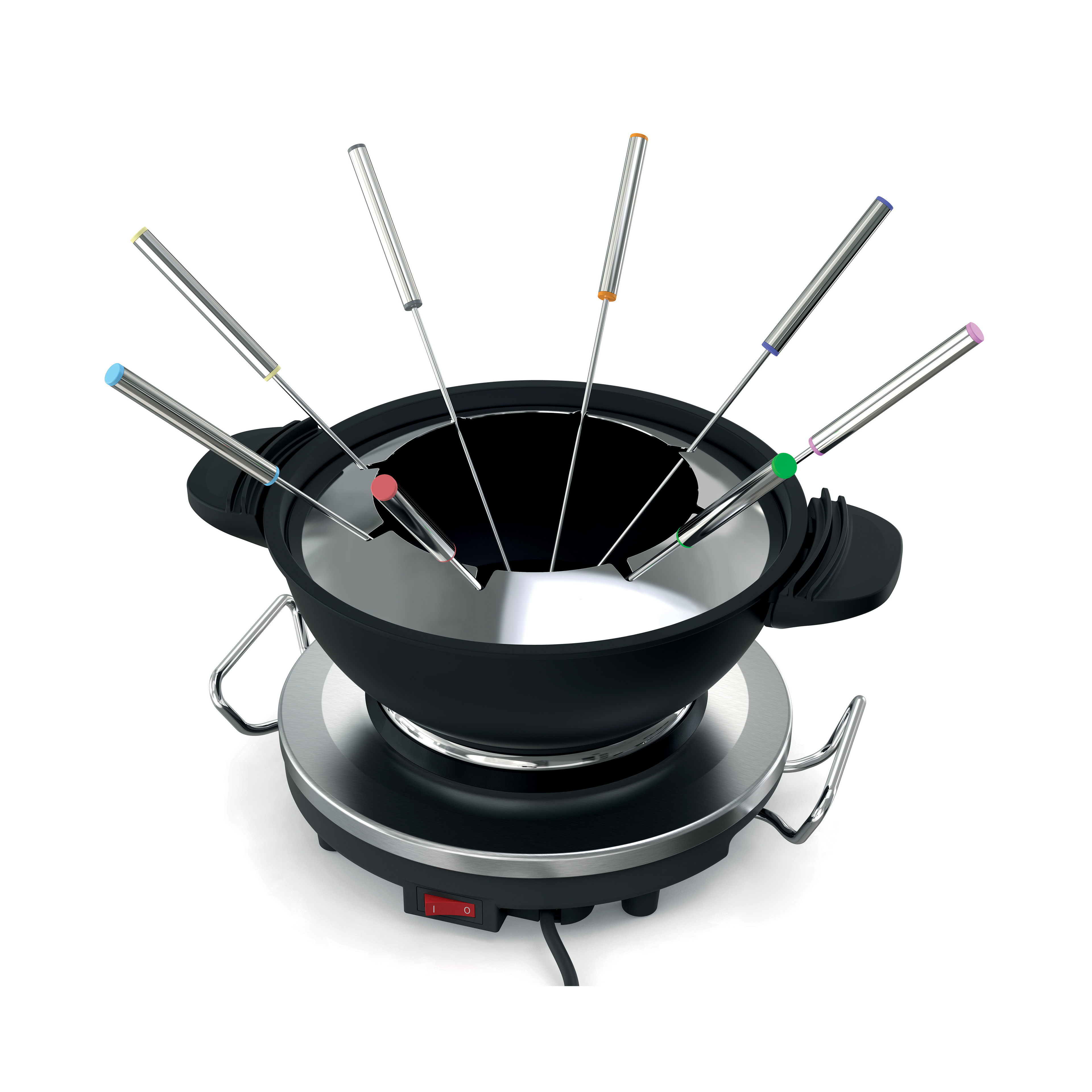 La Réchaud-fondue QFD 340 de riviera&bar est un caquelon électrique noir avec deux poignées, six fourchettes en métal avec des pointes colorées, et une base chauffante - parfait pour recevoir facilement.