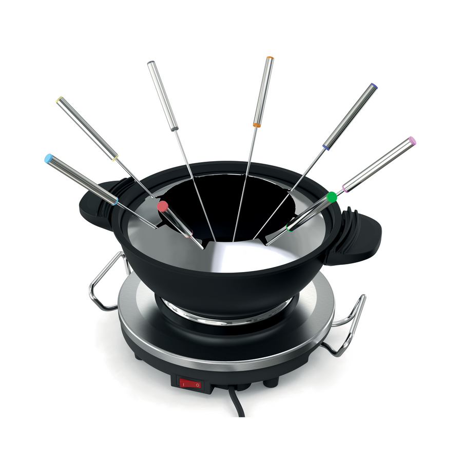 La Réchaud-fondue QFD 340 de riviera&bar est un caquelon électrique noir avec deux poignées, six fourchettes en métal avec des pointes colorées, et une base chauffante - parfait pour recevoir facilement.