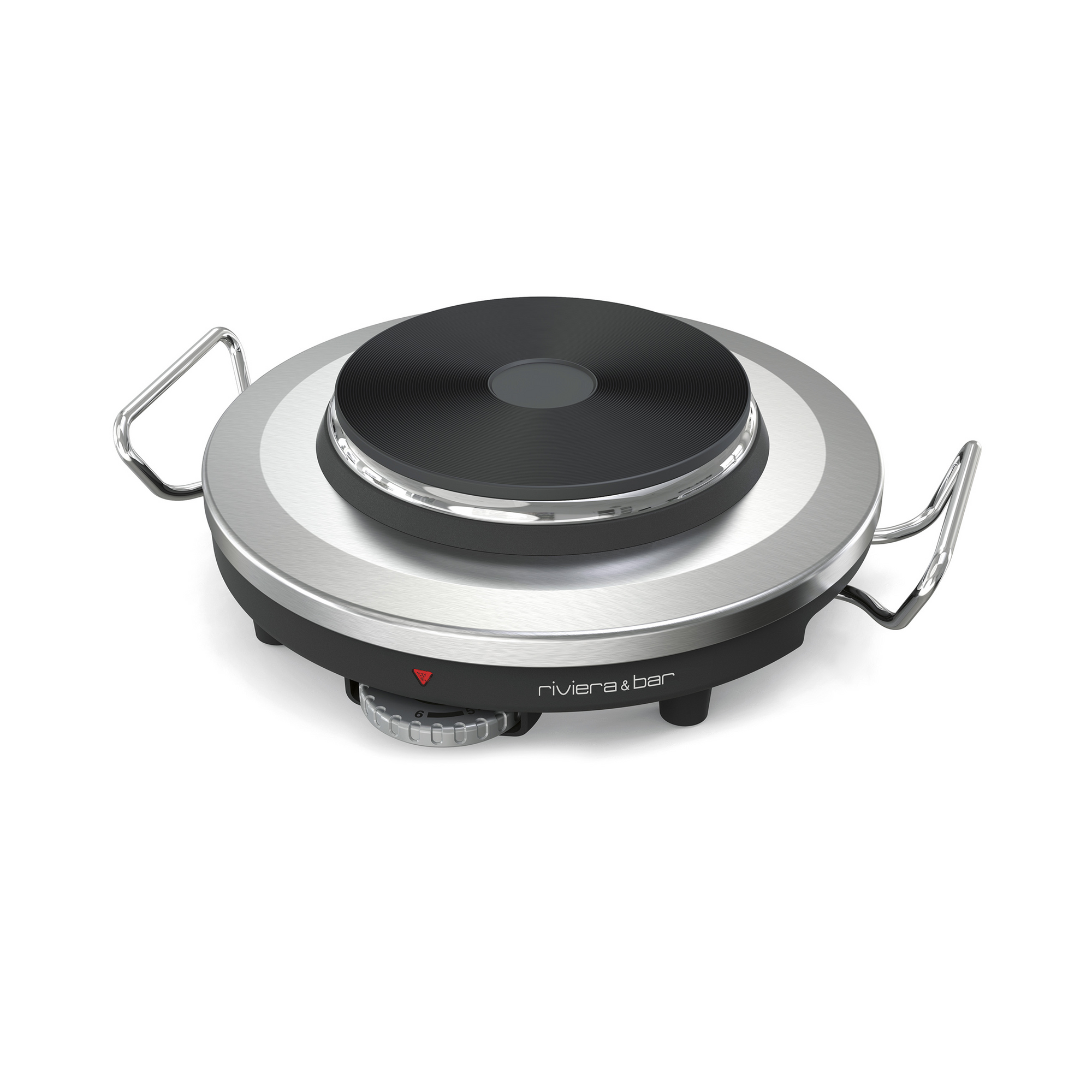 Le Réchaud-fondue QFD 340 de riviera&bar est un service à fondue électrique rond, à un seul brûleur, avec des poignées latérales en métal et une finition argentée et noire. Le logo de la marque apparaît sur la face avant.