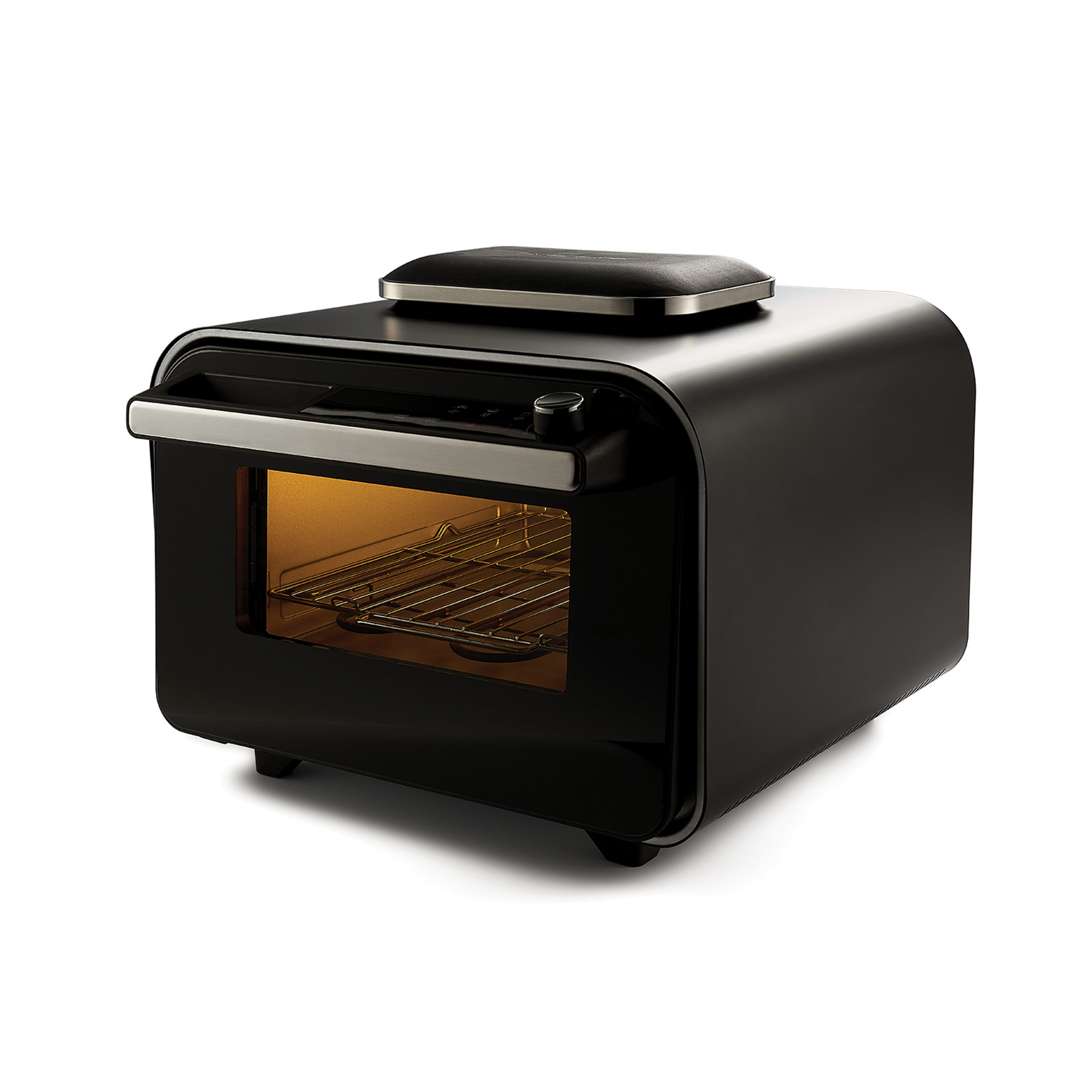 Le four à pizza électrique 400 degrés riviera&bar est un four à pizza électrique noir élégant avec une porte avant transparente, une grille intérieure et un éclairage interne - idéal pour les pizzas faites maison - présenté sur un fond blanc uni.