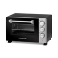 Le four riviera&bar Four posable à parois tempérées 21 L est un four électrique compact de comptoir avec une façade noire, un panneau de commande argenté avec quatre cadrans, une chaleur tournante, une porte en verre et une grille intérieure. Le logo de la marque est visible sur la façade.
