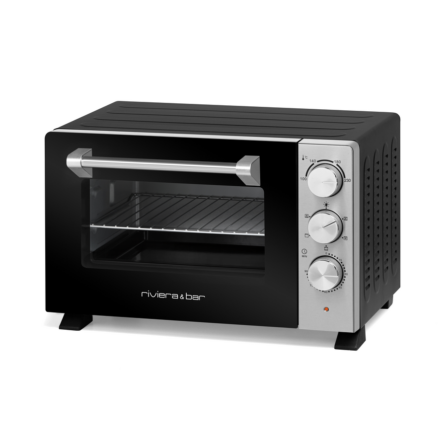 Le four riviera&bar Four posable à parois tempérées 21 L est un four électrique compact de comptoir avec une façade noire, un panneau de commande argenté avec quatre cadrans, une chaleur tournante, une porte en verre et une grille intérieure. Le logo de la marque est visible sur la façade.