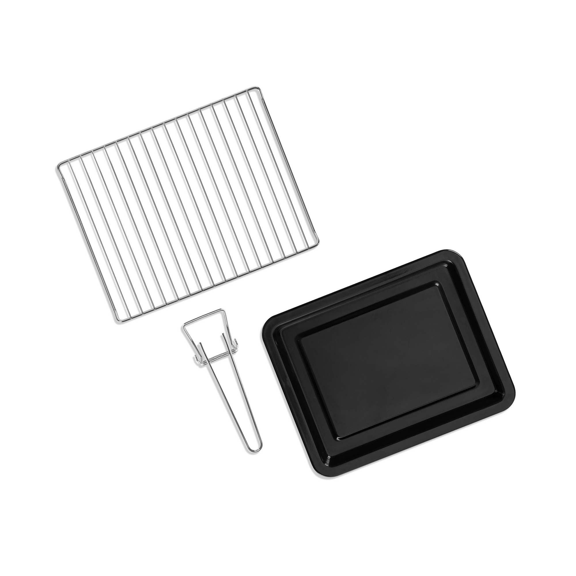 Un Four posable à parois tempérées 21 L de riviera&bar, ainsi qu'une grille de refroidissement en métal, une plaque de cuisson rectangulaire noire et une pince en métal - idéales pour une cuisine variée - sont présentés sur un fond blanc.