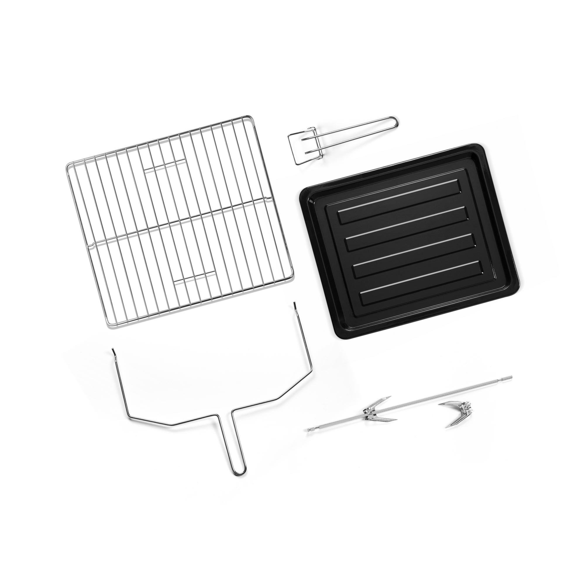 Le riviera&bar Four posable à parois tempérées 30 L comprend une grille, une plaque de cuisson noire, une poignée amovible, un gril, une fourchette à rôtir, un tournebroche et des fourchettes à rôtir présentés sur un fond blanc.